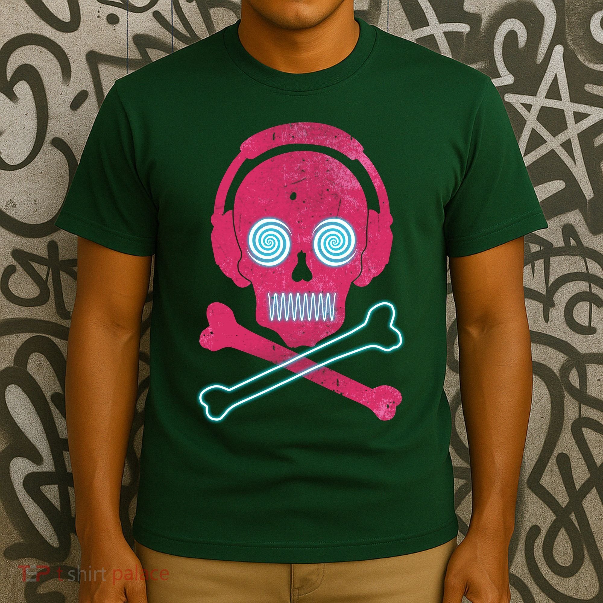 Cool Retro Neon Headphones Skull Music Lover T-Shirt