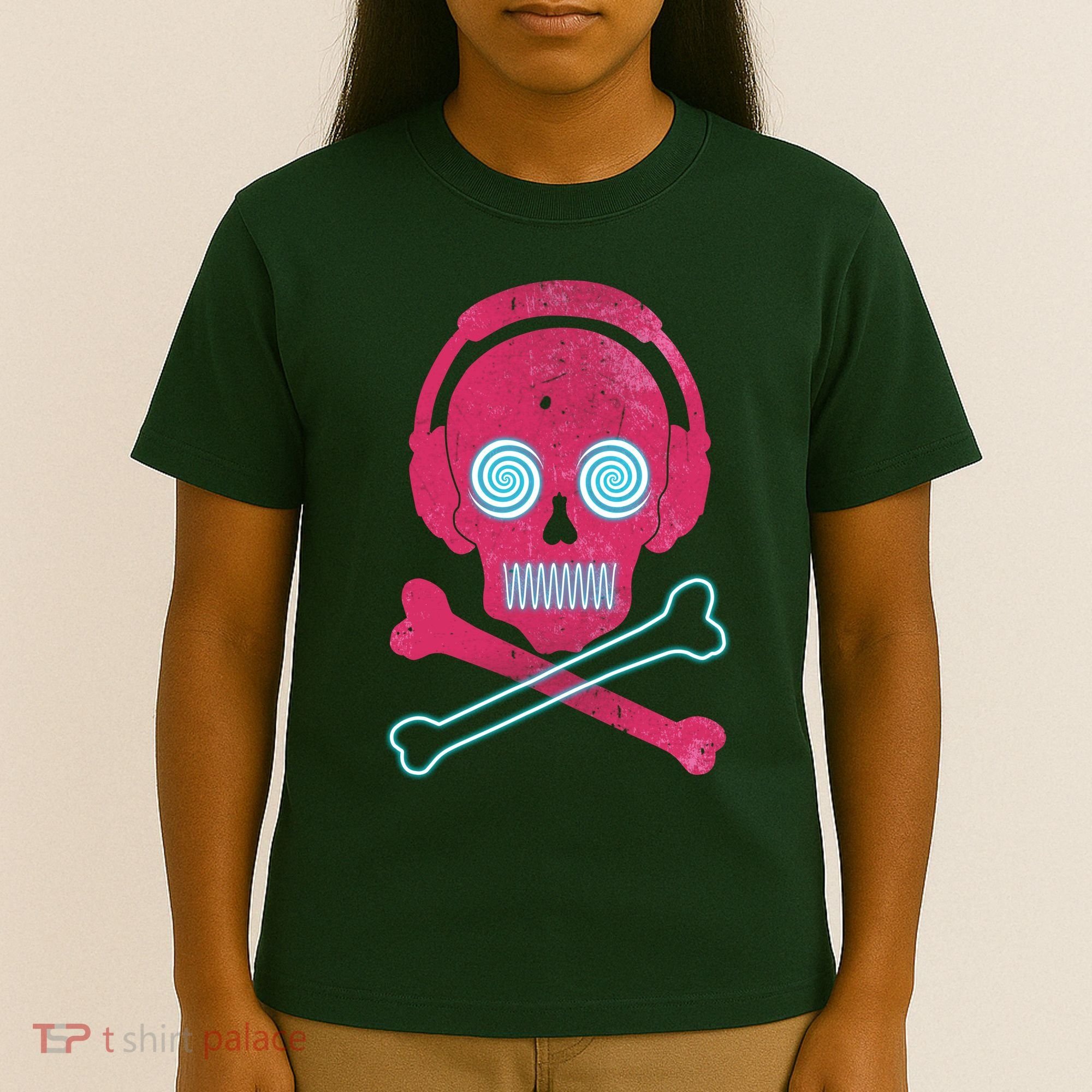 Cool Retro Neon Headphones Skull Music Lover T-Shirt