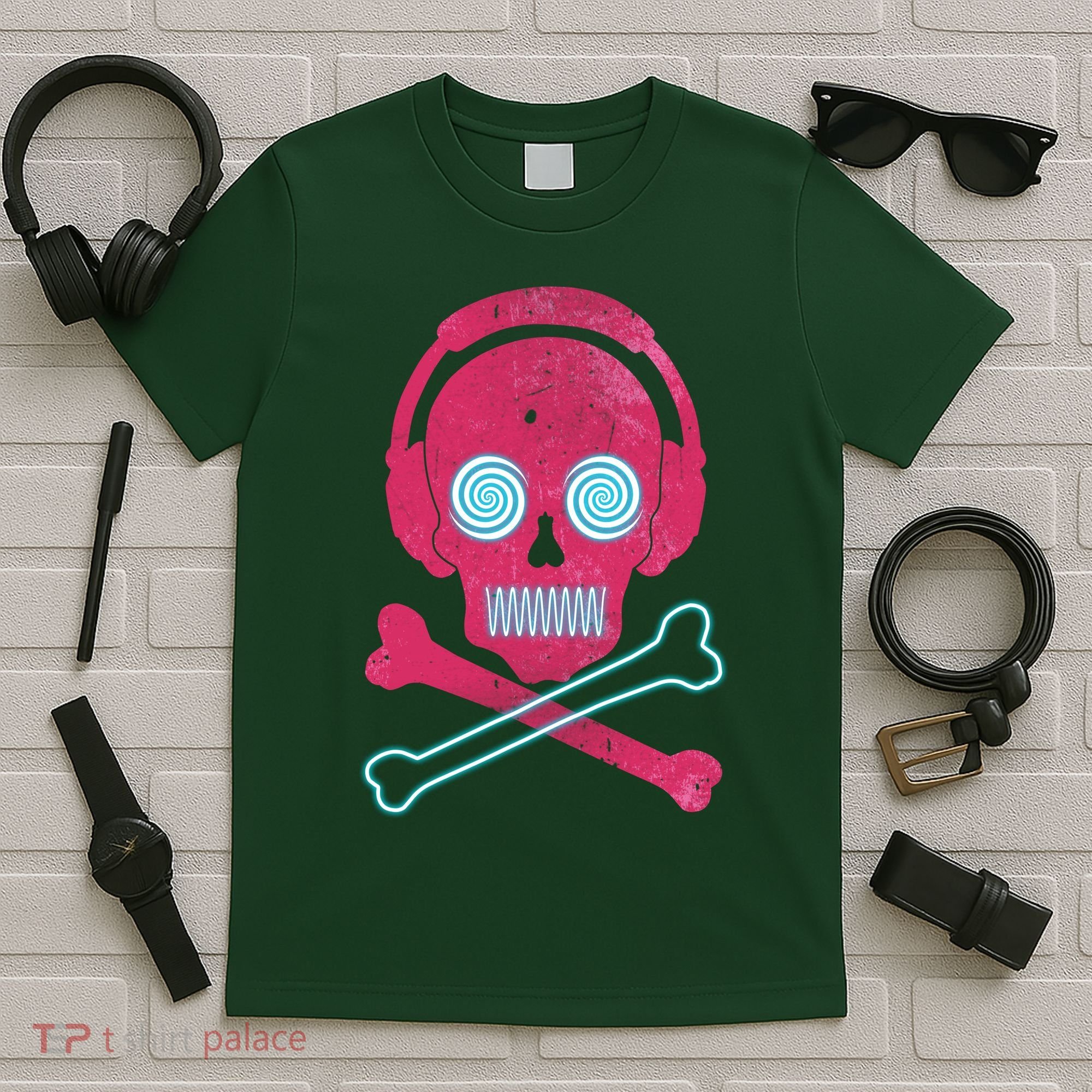 Cool Retro Neon Headphones Skull Music Lover T-Shirt