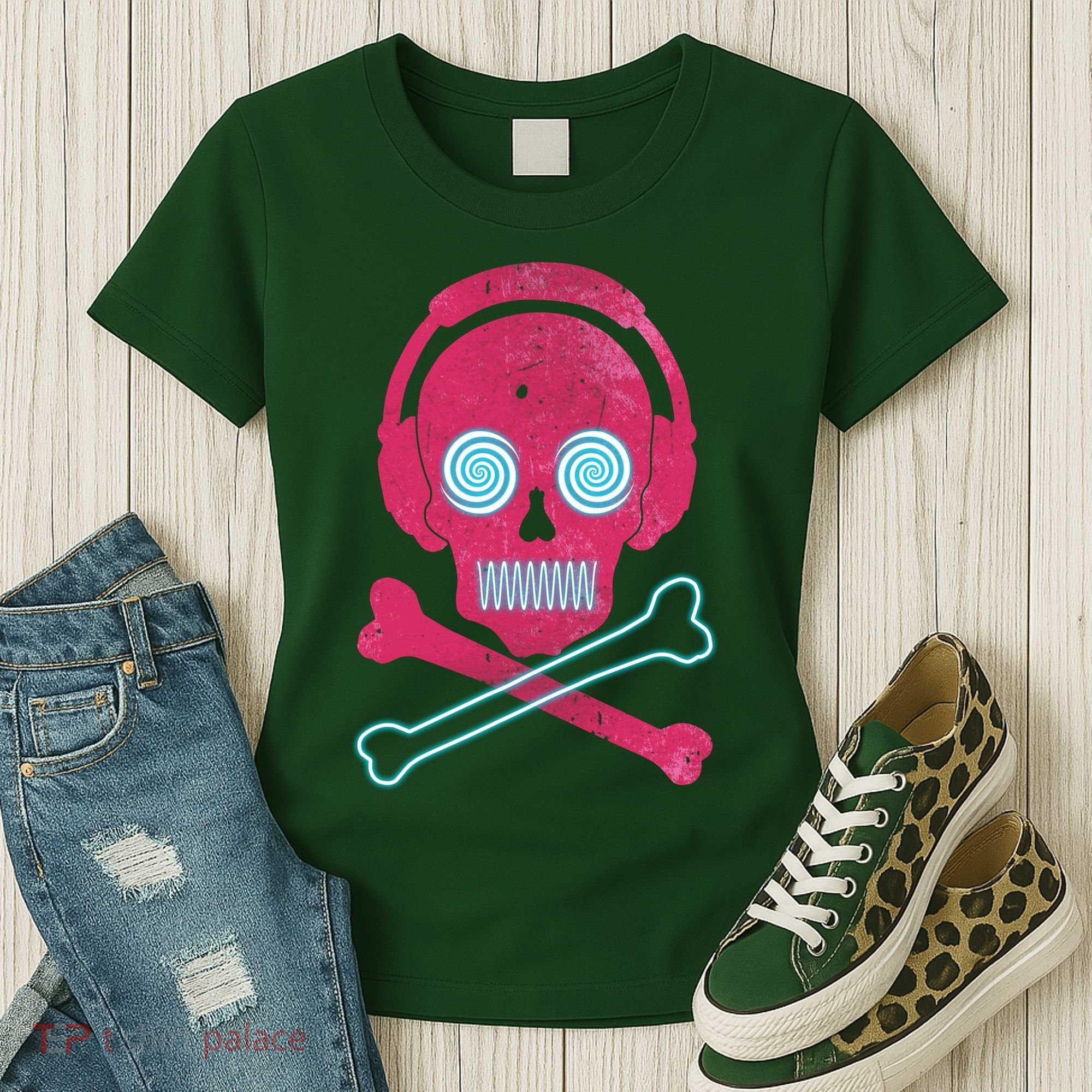Cool Retro Neon Headphones Skull Music Lover Women's T-Shirt