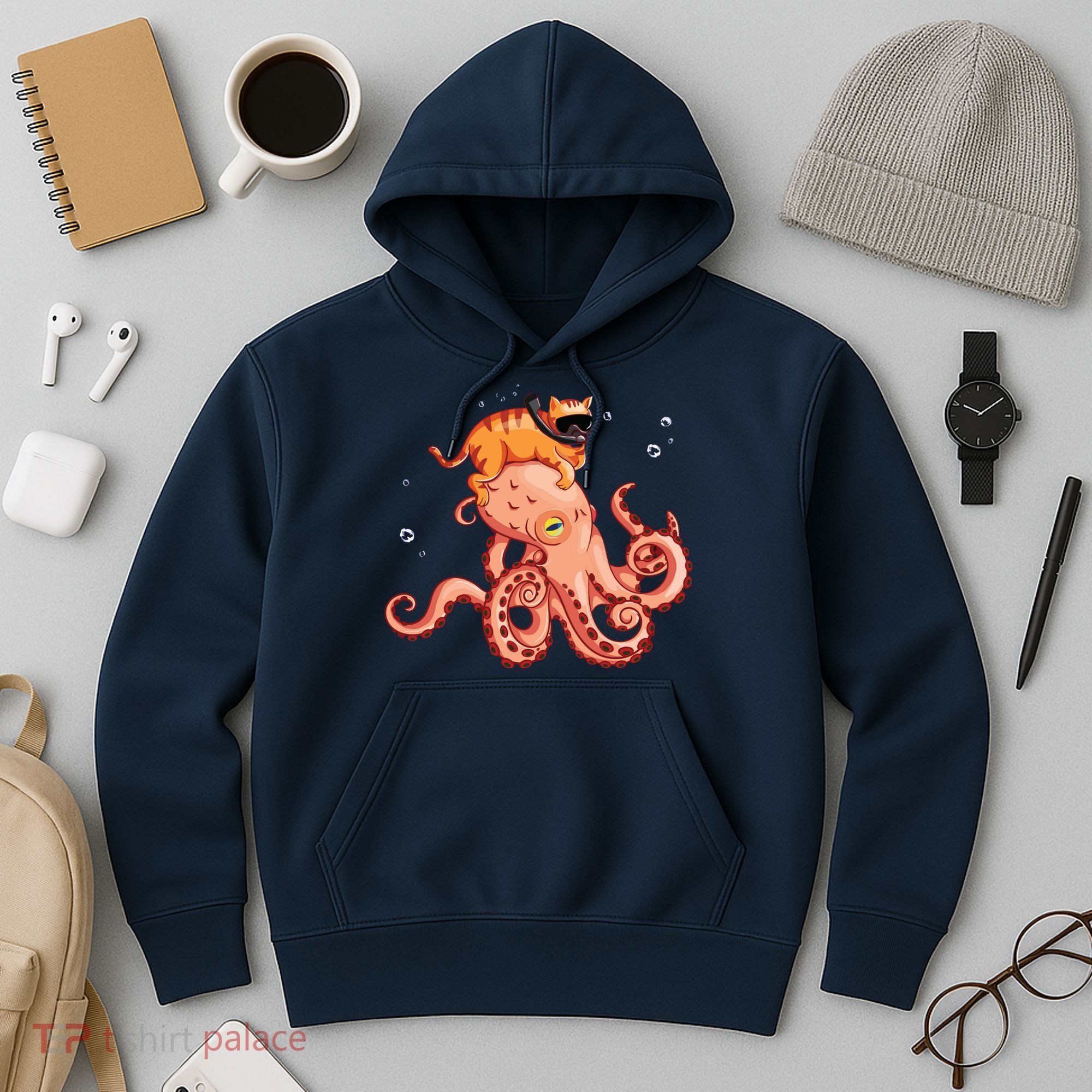 Cat Riding Octopus Funny Hoodie