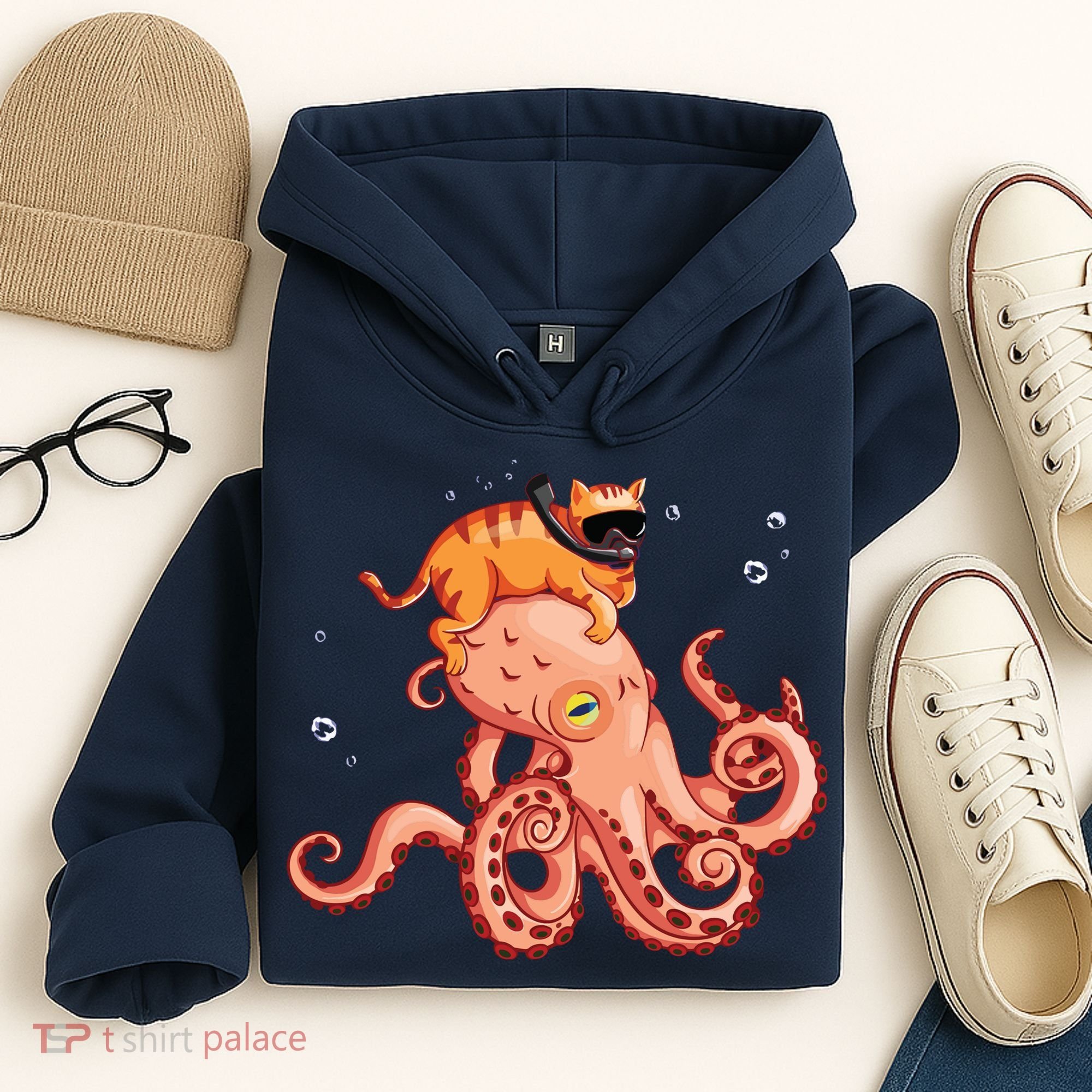 Cat Riding Octopus Funny Hoodie
