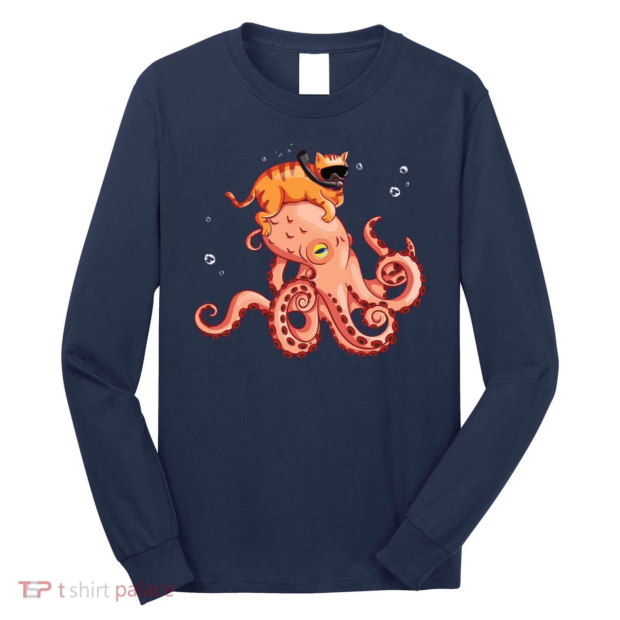 Cat Riding Octopus Funny Long Sleeve Shirt