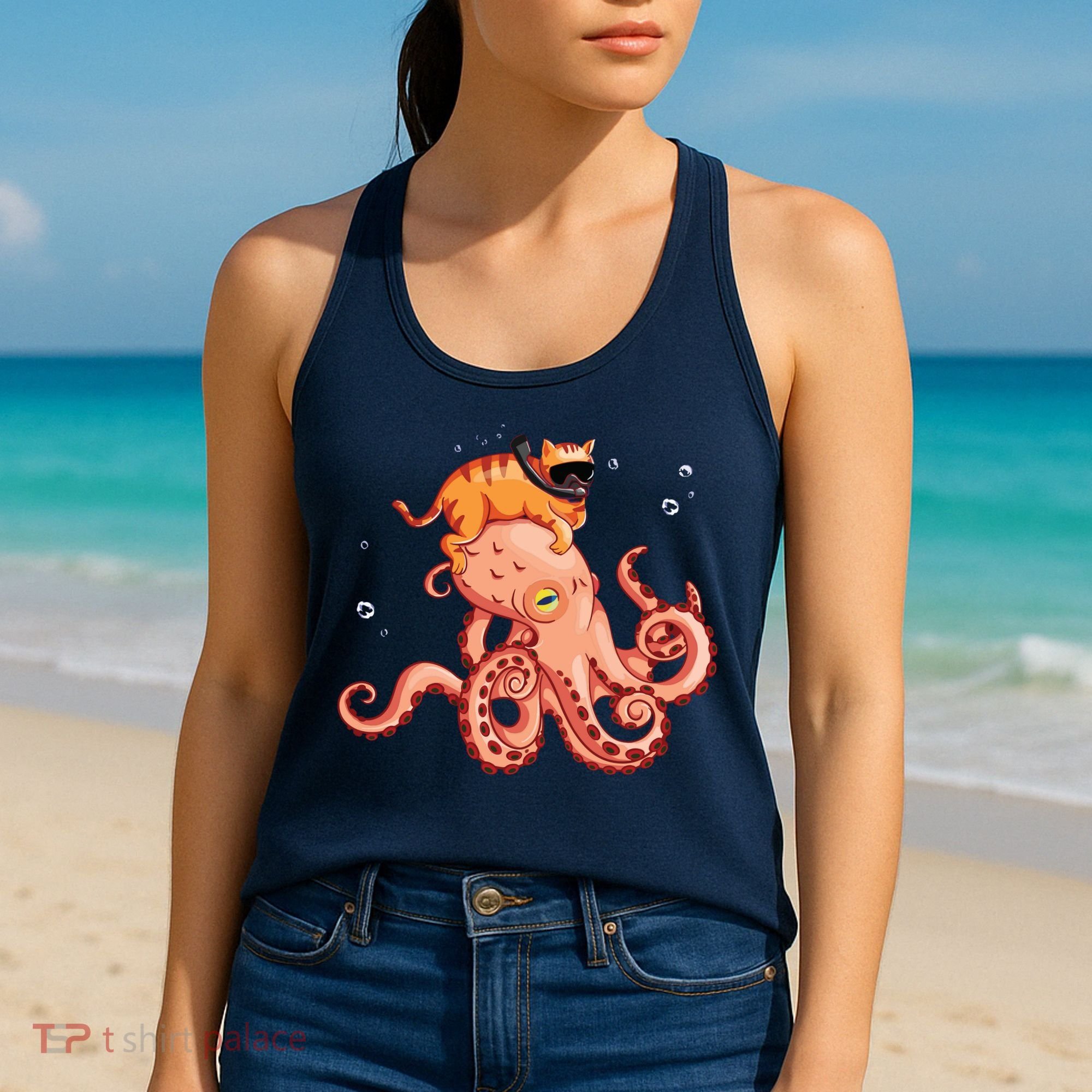 Cat Riding Octopus Funny Women's Tank Top