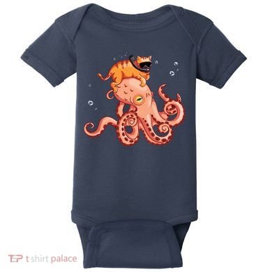 Cat Riding Octopus Funny Baby Bodysuit