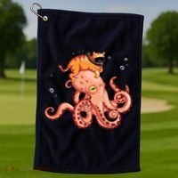 Cat Riding Octopus Funny Golf Towel thumb 1