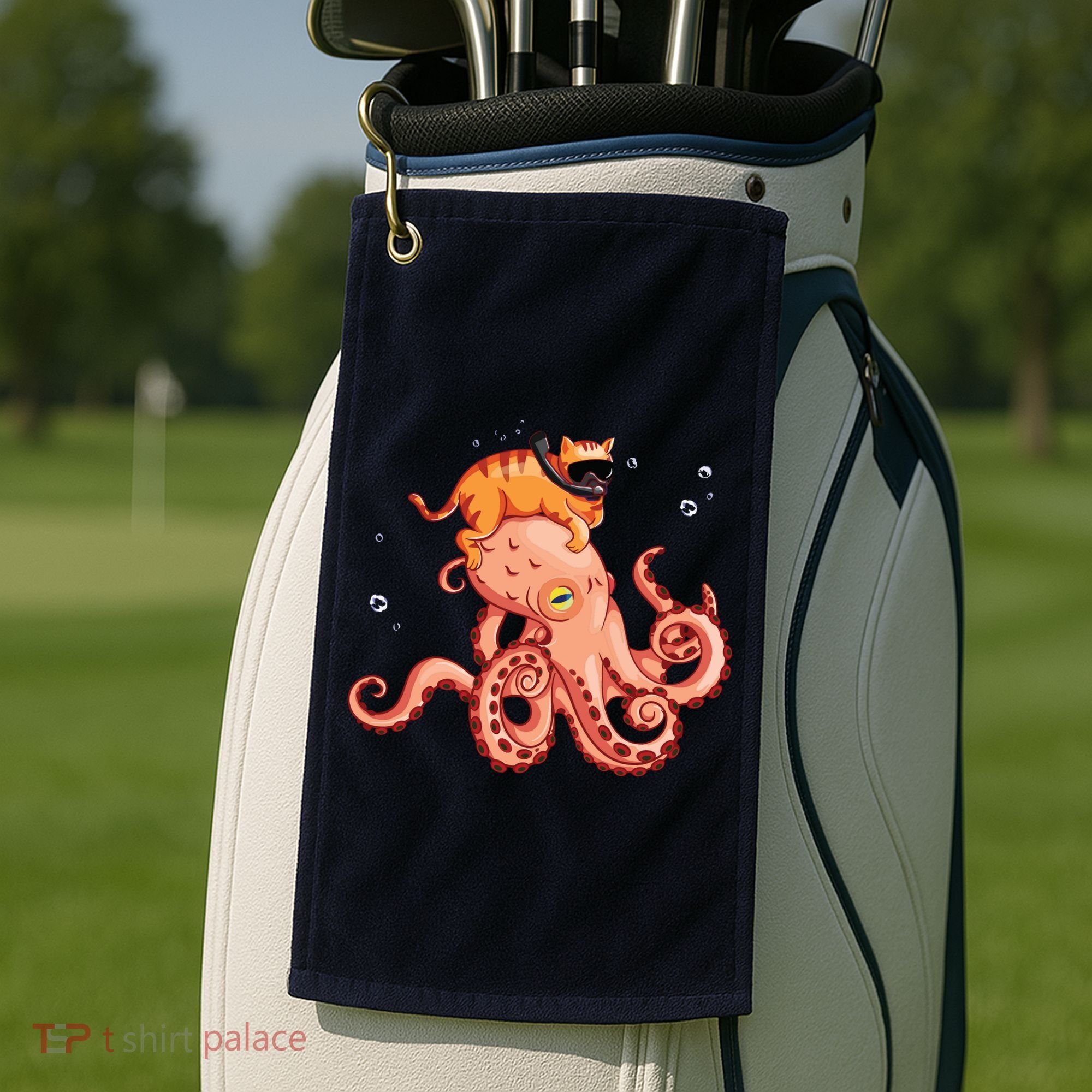 Cat Riding Octopus Funny Golf Towel