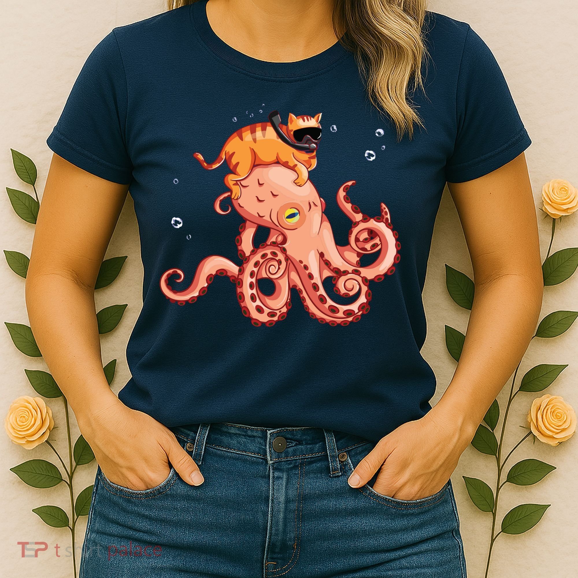 Cat Riding Octopus Funny Women's T-Shirt