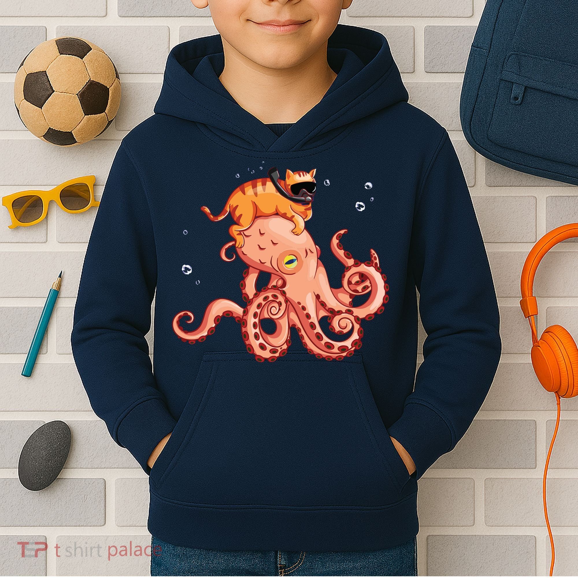 Cat Riding Octopus Funny Kids Hoodie