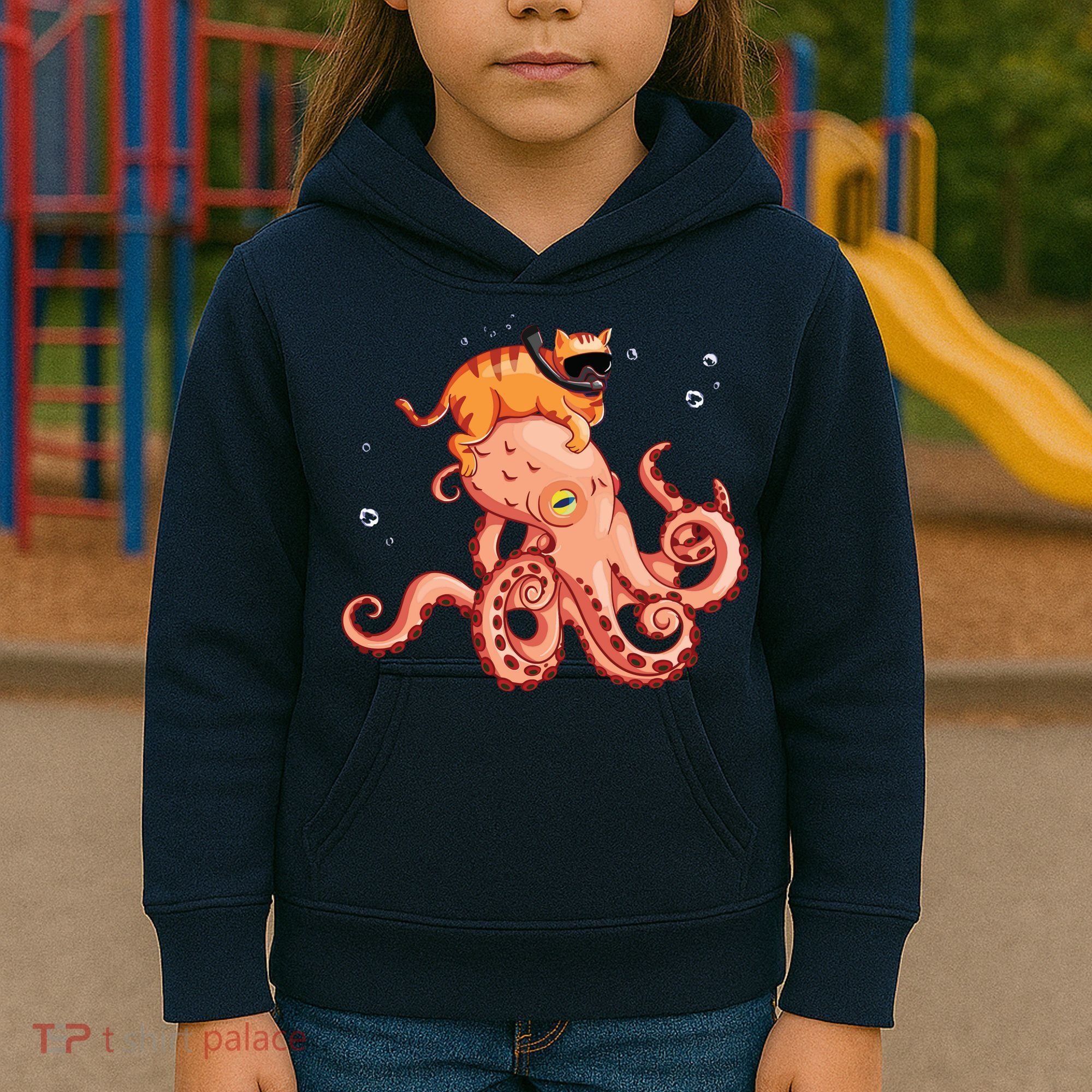 Cat Riding Octopus Funny Kids Hoodie