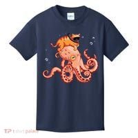 Cat Riding Octopus Funny Kids T-Shirt thumb 0