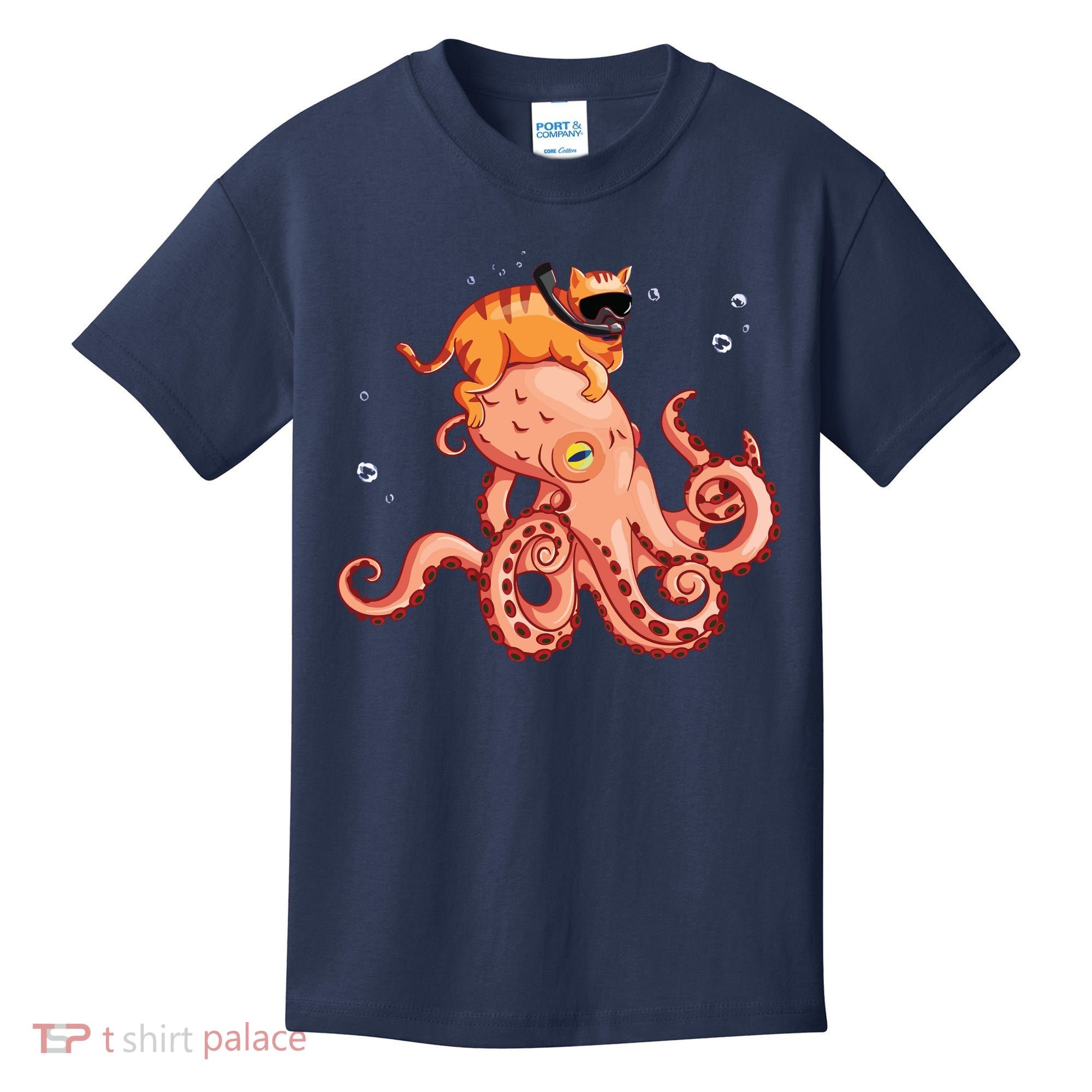 Cat Riding Octopus Funny Kids T-Shirt