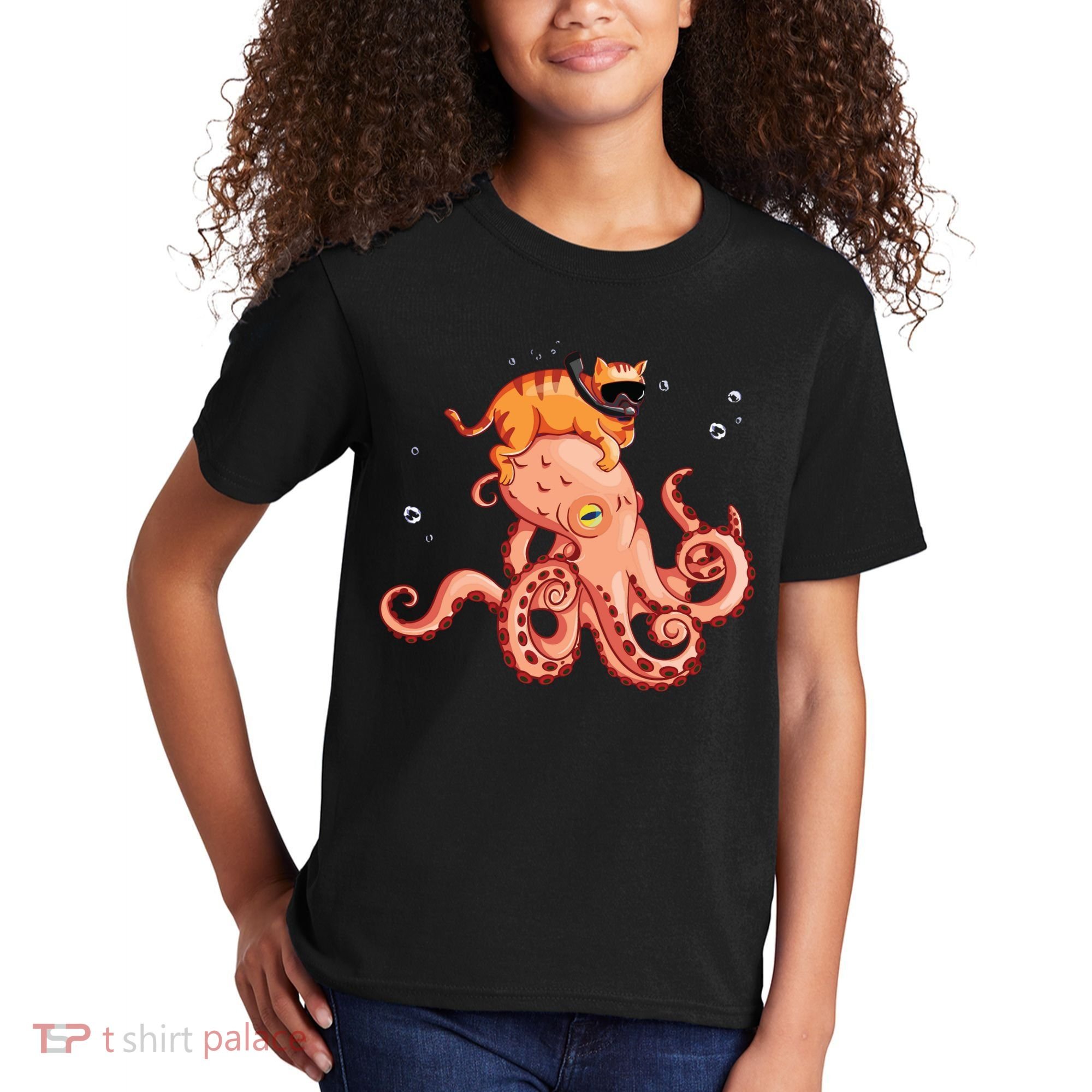 Cat Riding Octopus Funny Kids T-Shirt