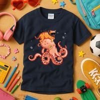 Cat Riding Octopus Funny Kids T-Shirt thumb 3