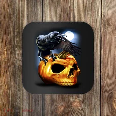Crow Pumpkin Skull Halloween Coaster