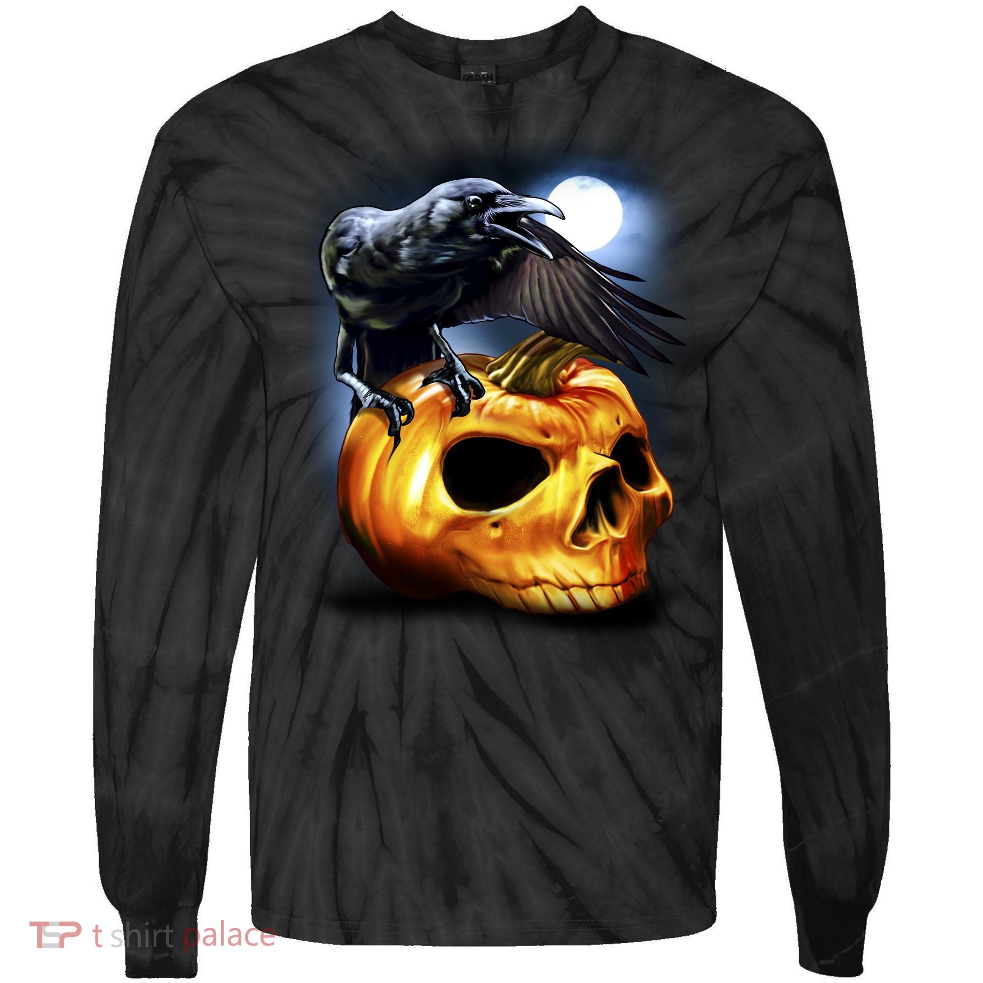 Crow Pumpkin Skull Halloween Tie-Dye Long Sleeve Shirt