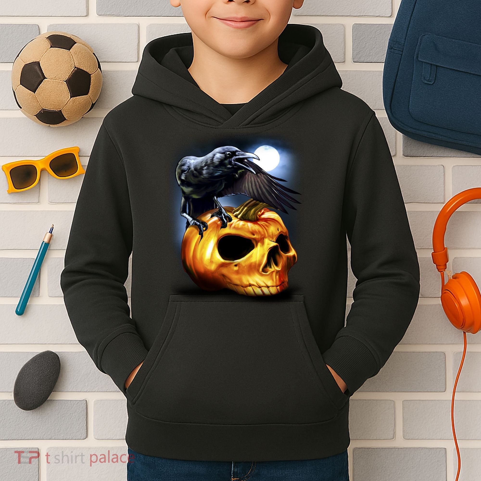 Crow Pumpkin Skull Halloween Kids Hoodie