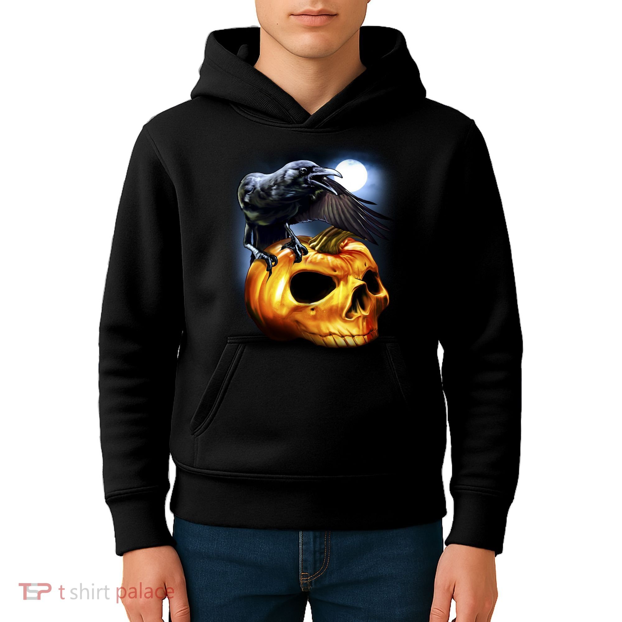 Crow Pumpkin Skull Halloween Kids Hoodie