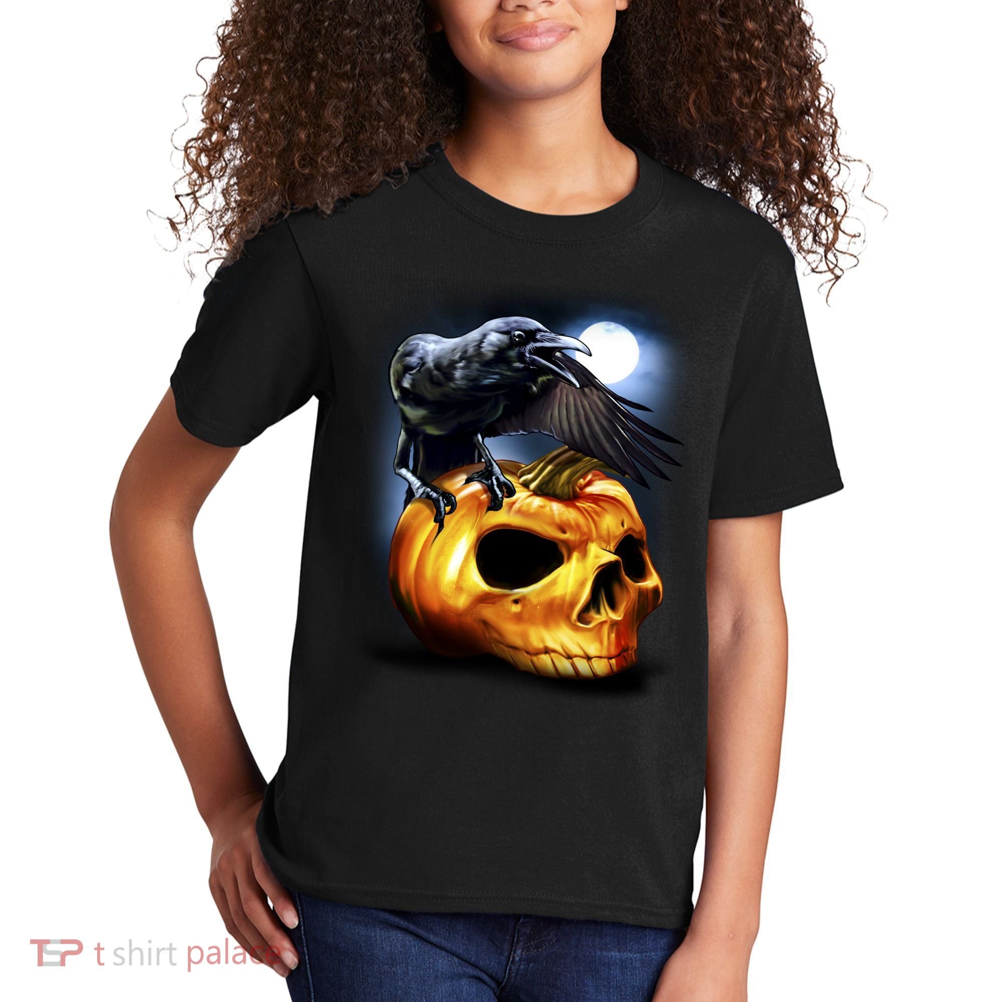 Crow Pumpkin Skull Halloween Kids T-Shirt