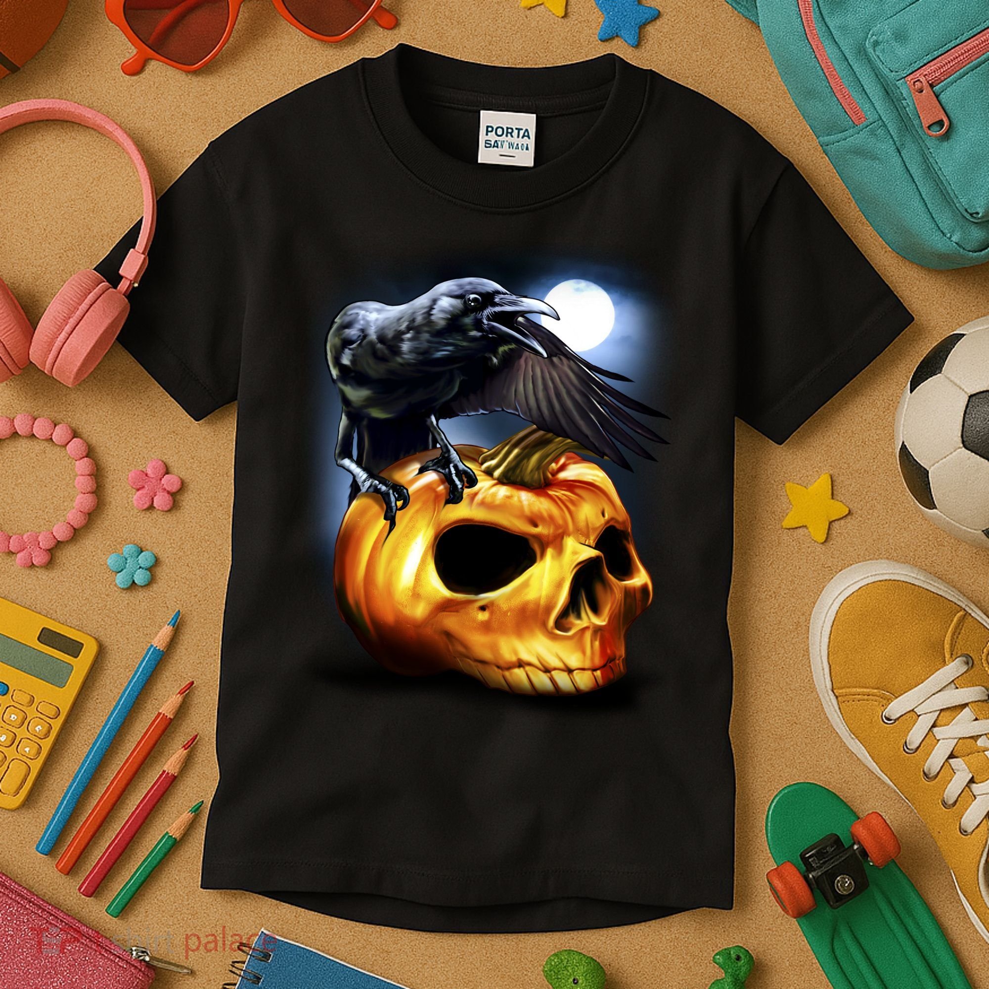 Crow Pumpkin Skull Halloween Kids T-Shirt