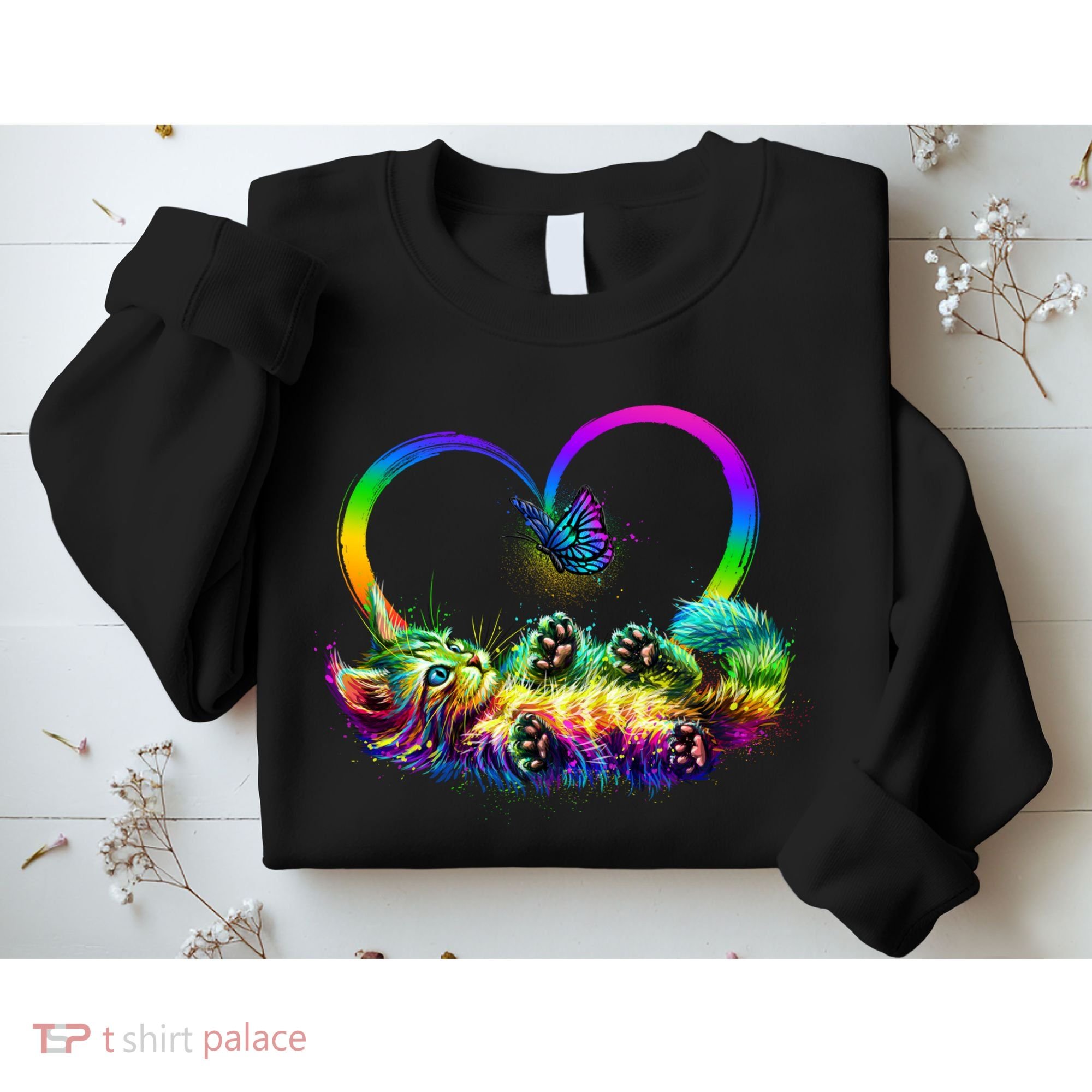 Cute Rainbow Paint Kitten Butterfly Heart Sweatshirt