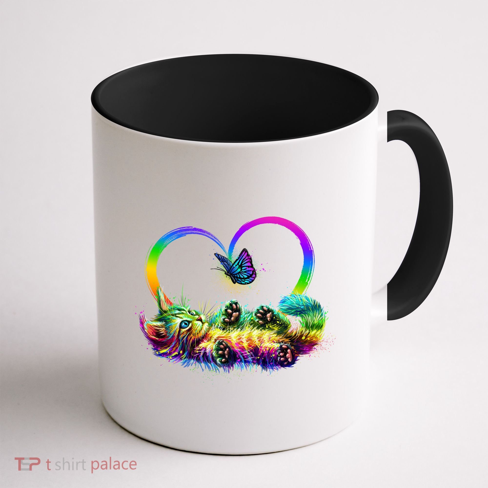 Cute Rainbow Paint Kitten Butterfly Heart Coffee Mug
