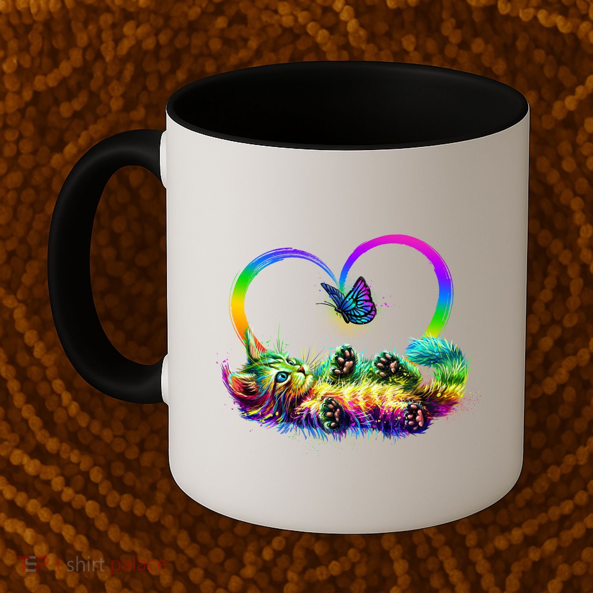 Cute Rainbow Paint Kitten Butterfly Heart Coffee Mug