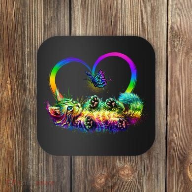 Cute Rainbow Paint Kitten Butterfly Heart Coaster
