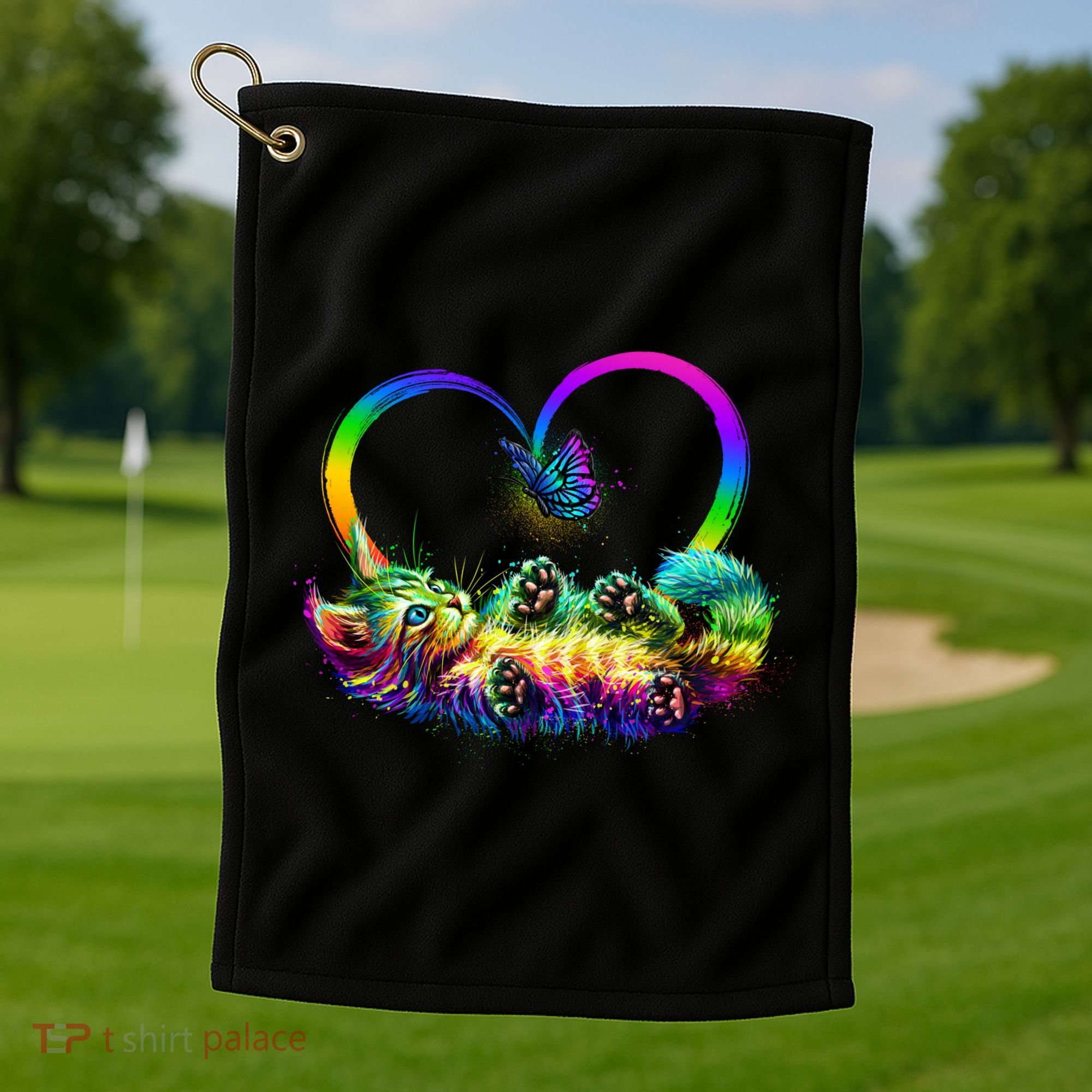 Cute Rainbow Paint Kitten Butterfly Heart Golf Towel