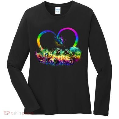 Cute Rainbow Paint Kitten Butterfly Heart Women's Long Sleeve Shirt