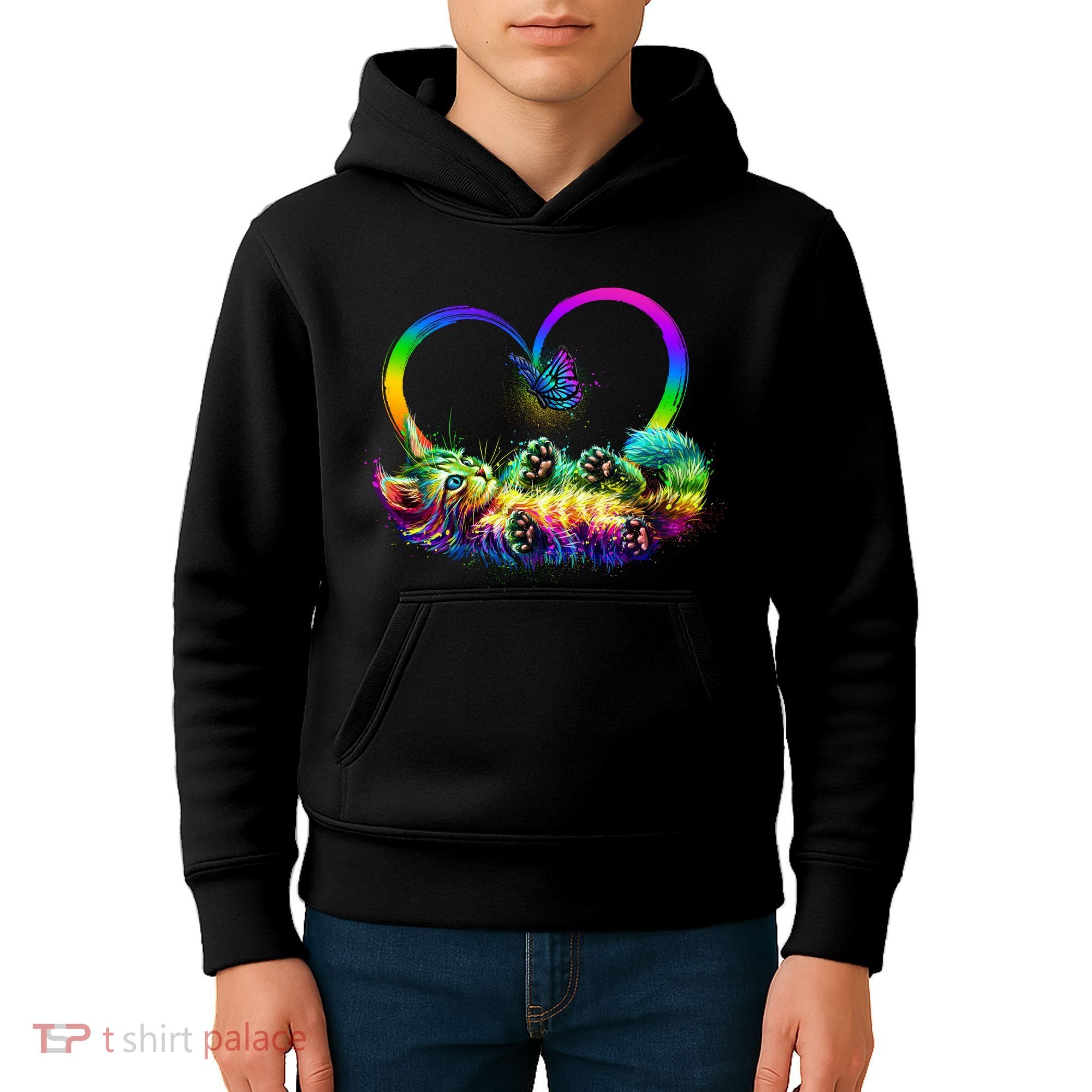 Cute Rainbow Paint Kitten Butterfly Heart Kids Hoodie