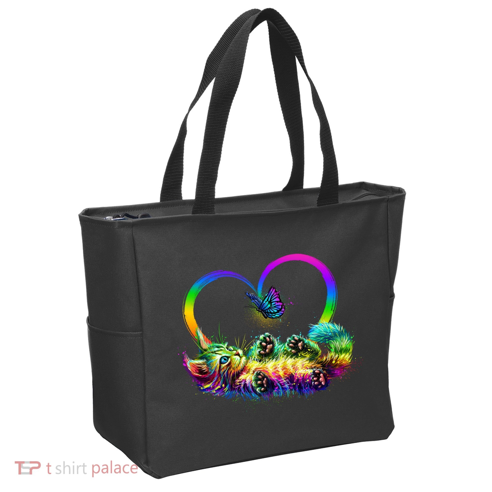 Cute Rainbow Paint Kitten Butterfly Heart Tote Bag