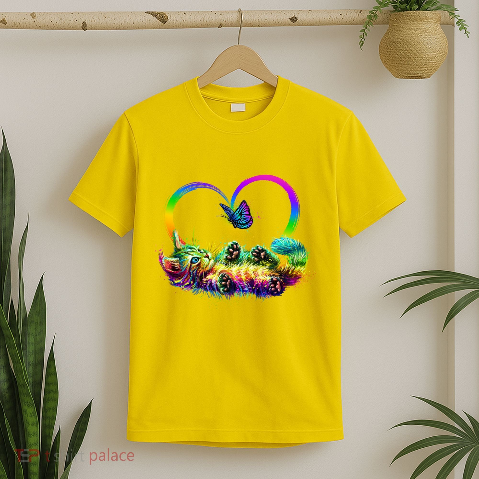 Cute Rainbow Paint Kitten Butterfly Heart T-Shirt