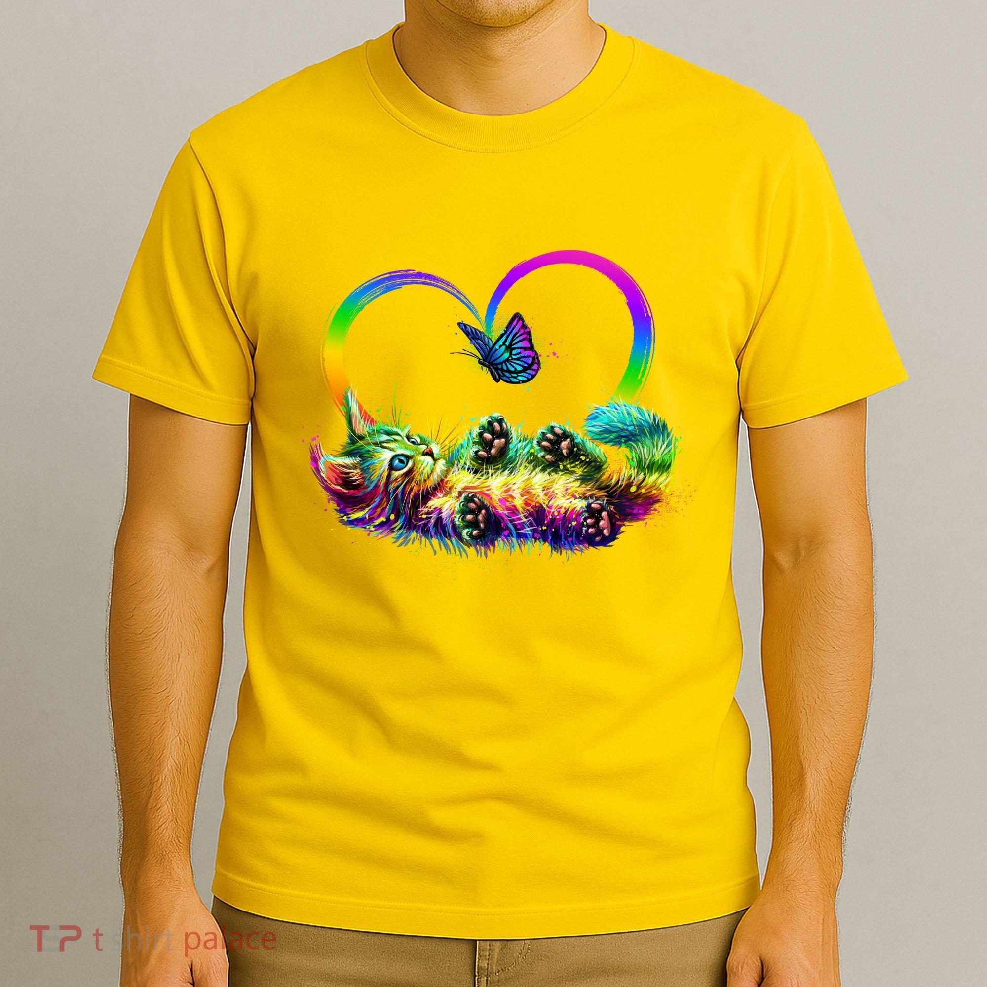 Cute Rainbow Paint Kitten Butterfly Heart T-Shirt