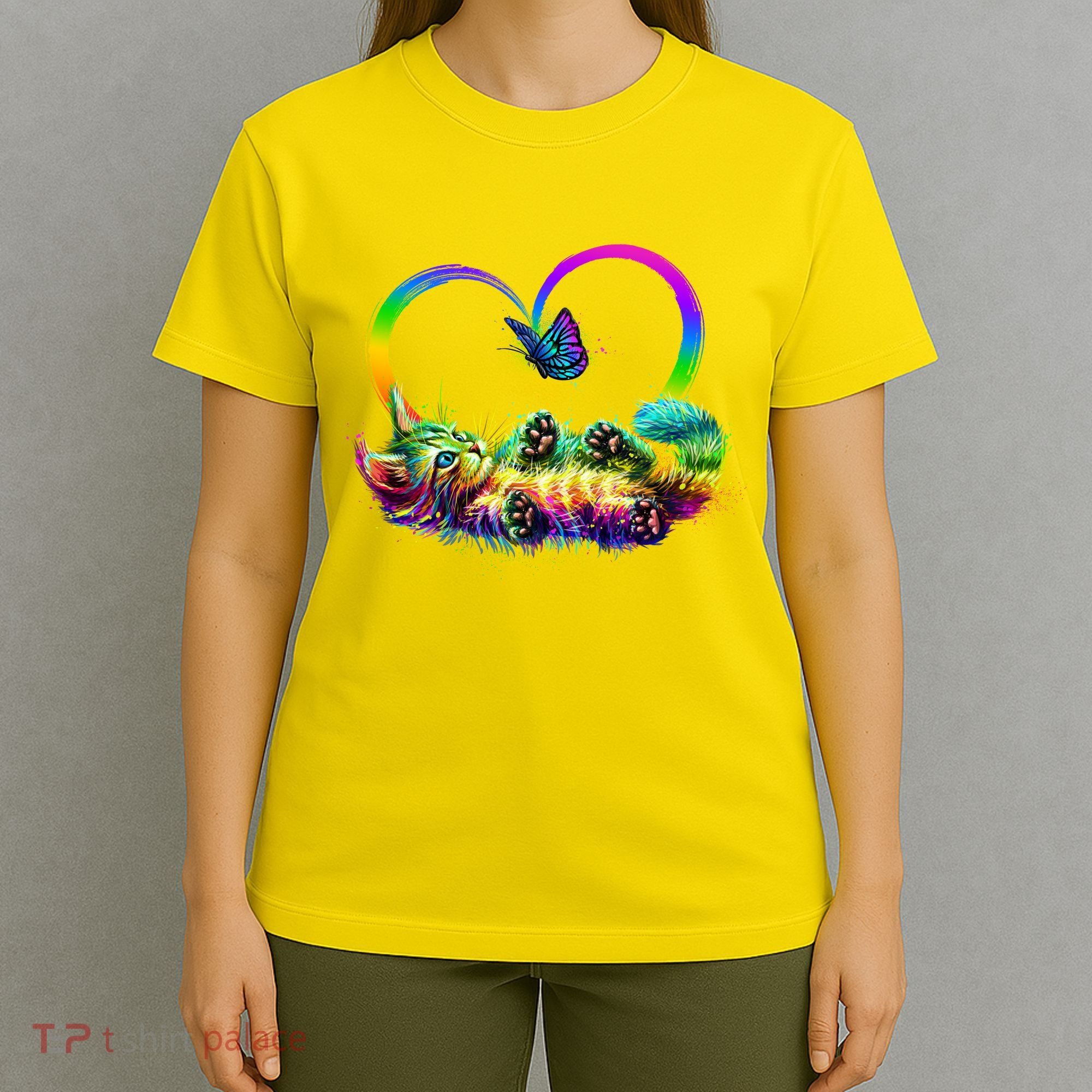 Cute Rainbow Paint Kitten Butterfly Heart T-Shirt