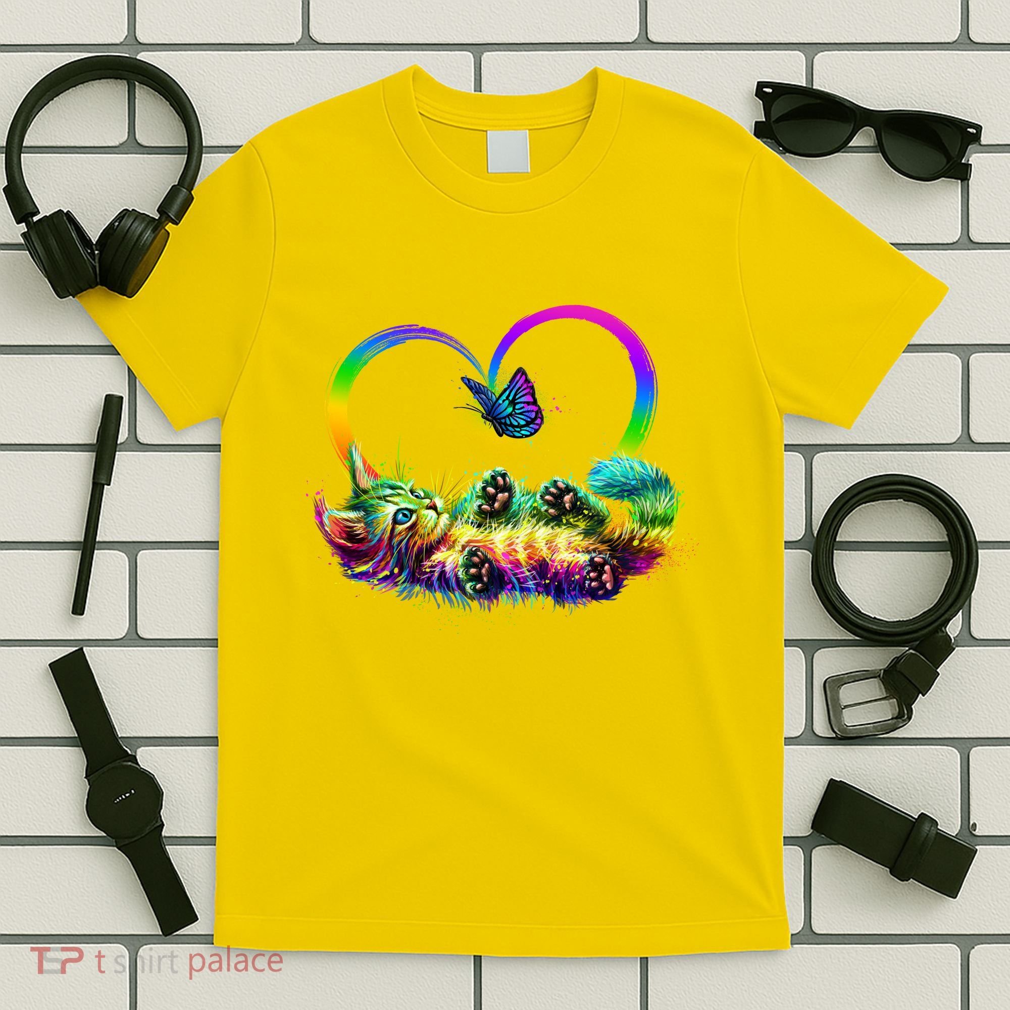 Cute Rainbow Paint Kitten Butterfly Heart T-Shirt