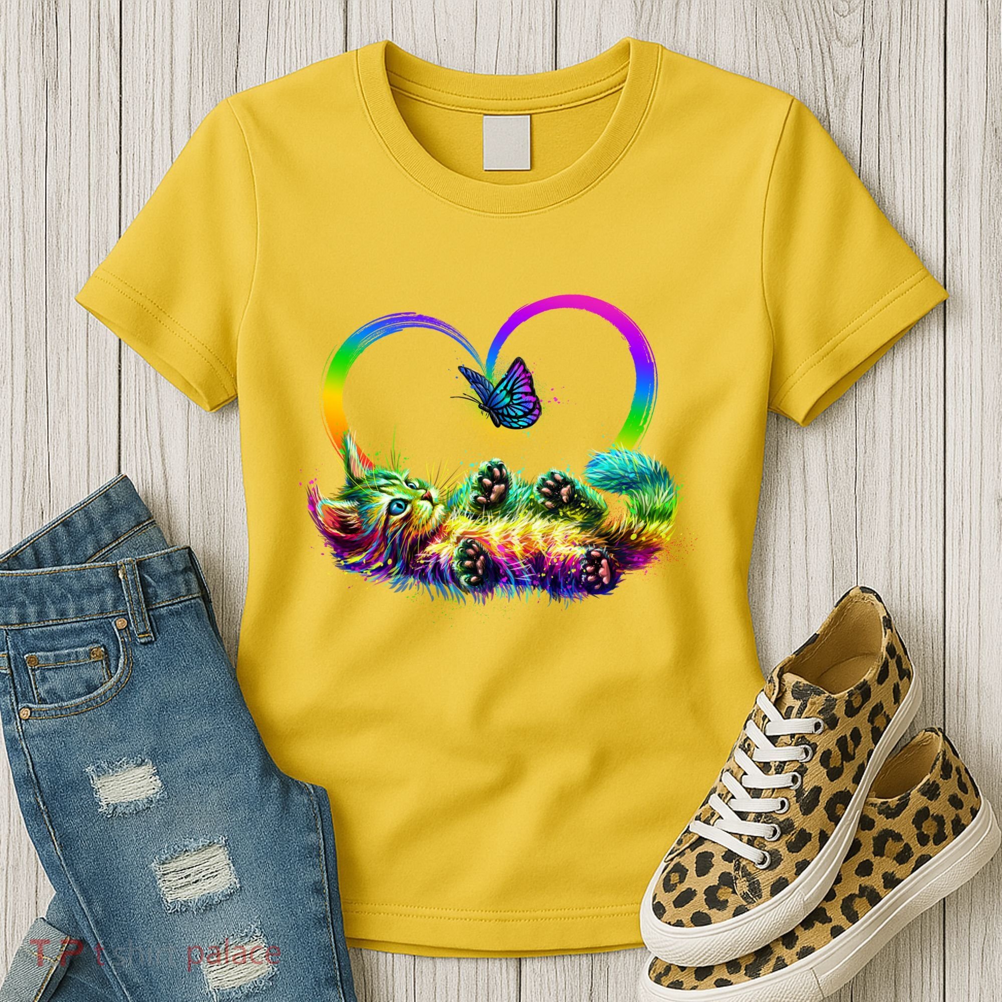 Cute Rainbow Paint Kitten Butterfly Heart Women's T-Shirt
