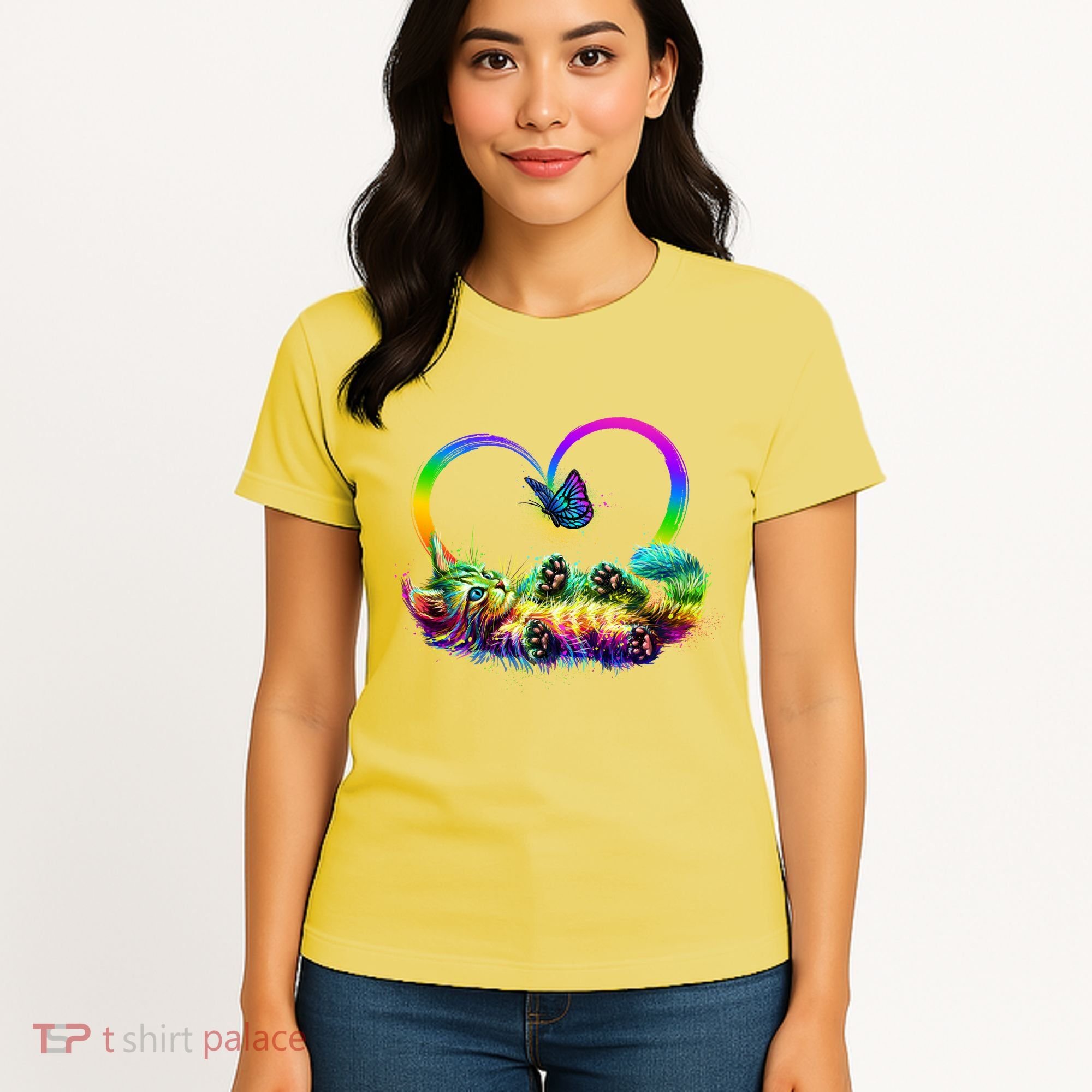 Cute Rainbow Paint Kitten Butterfly Heart Women's T-Shirt