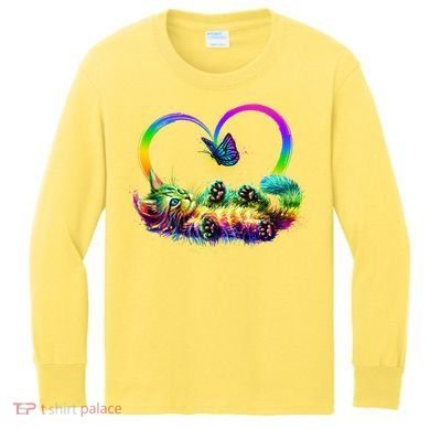 Cute Rainbow Paint Kitten Butterfly Heart Kids Long Sleeve Shirt