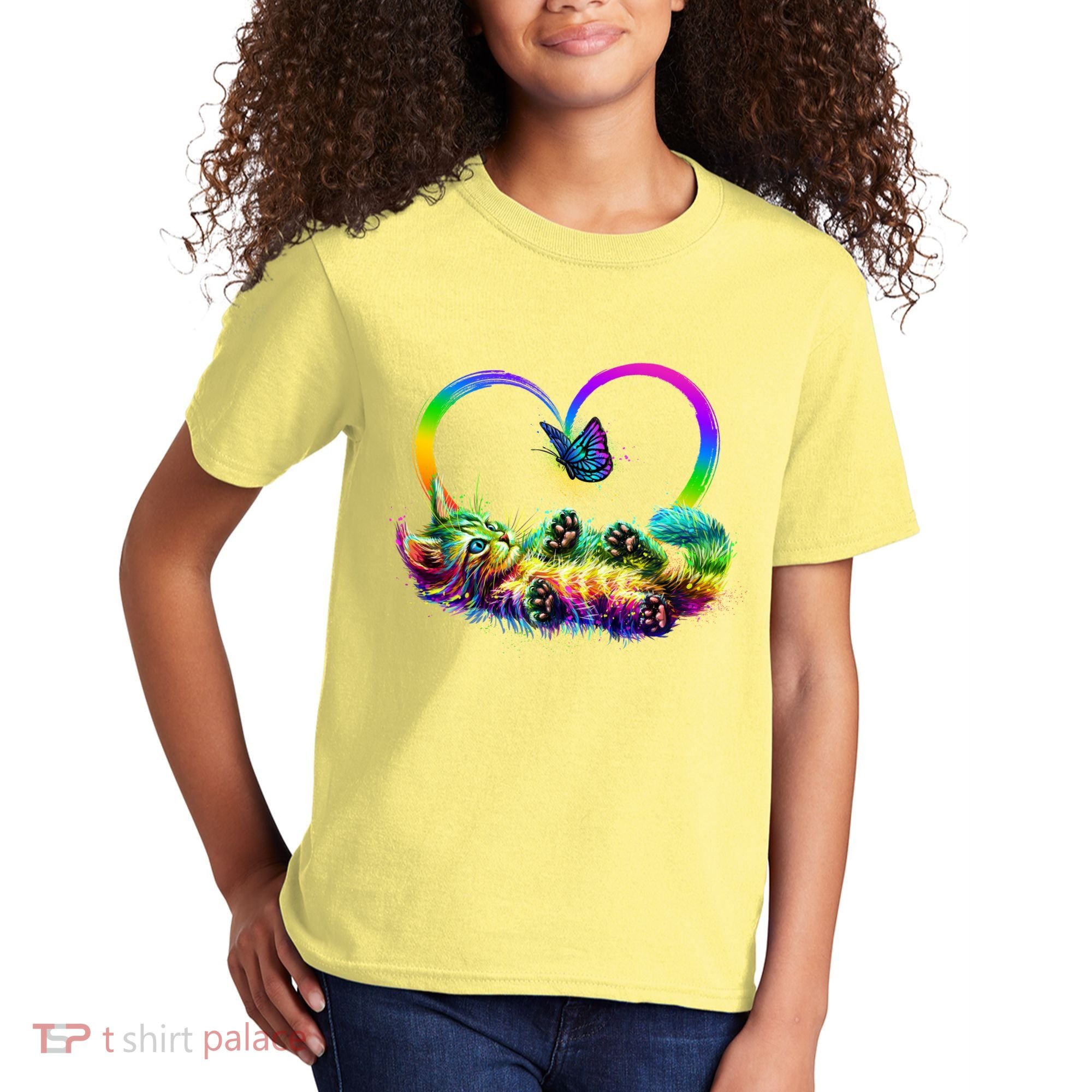 Cute Rainbow Paint Kitten Butterfly Heart Kids T-Shirt