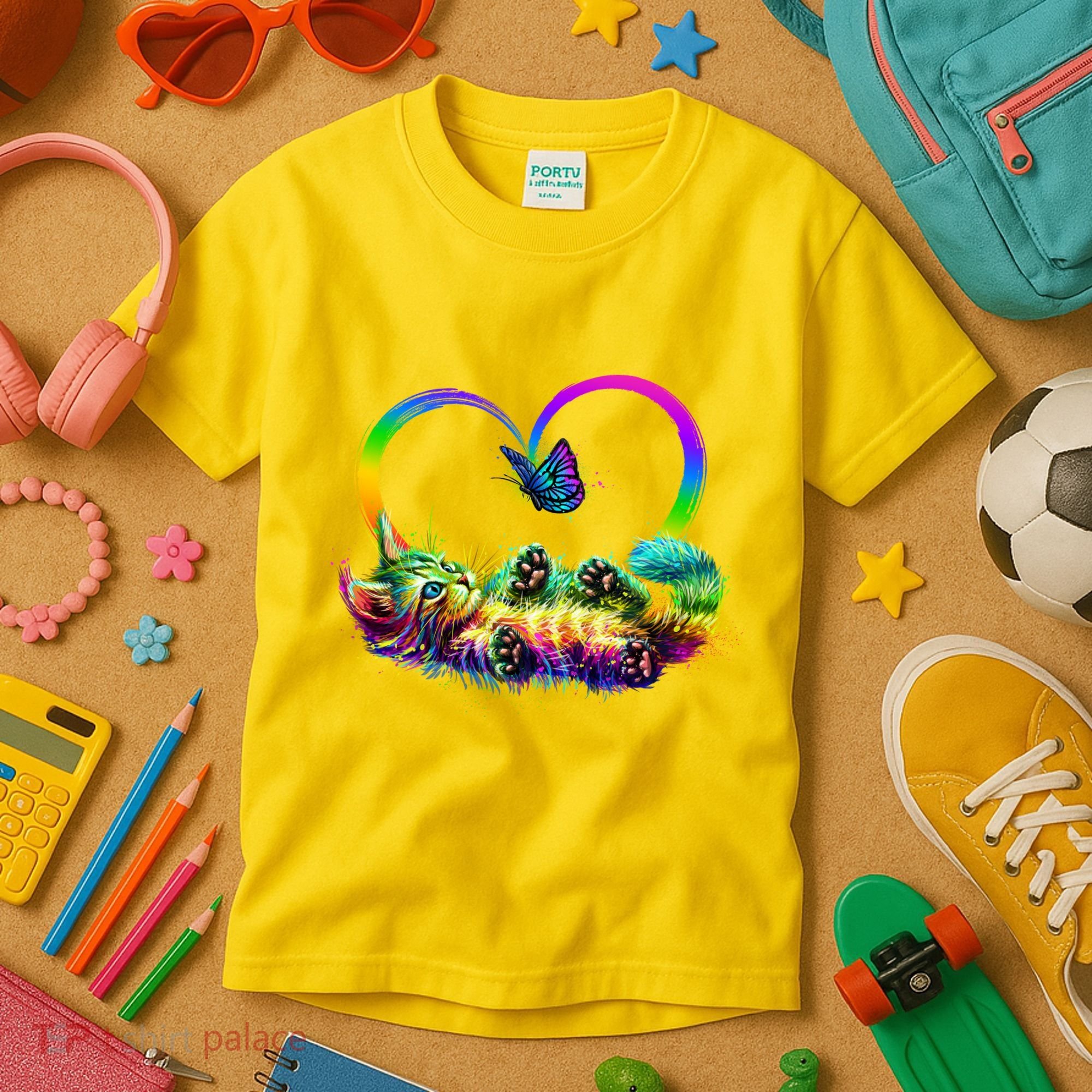 Cute Rainbow Paint Kitten Butterfly Heart Kids T-Shirt