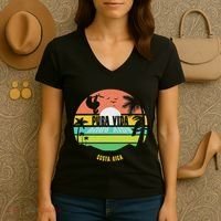 Costa Rica Pura Vida Tropical Sloth & Toucan Sunset Souvenir Women's V-Neck T-Shirt thumb 3