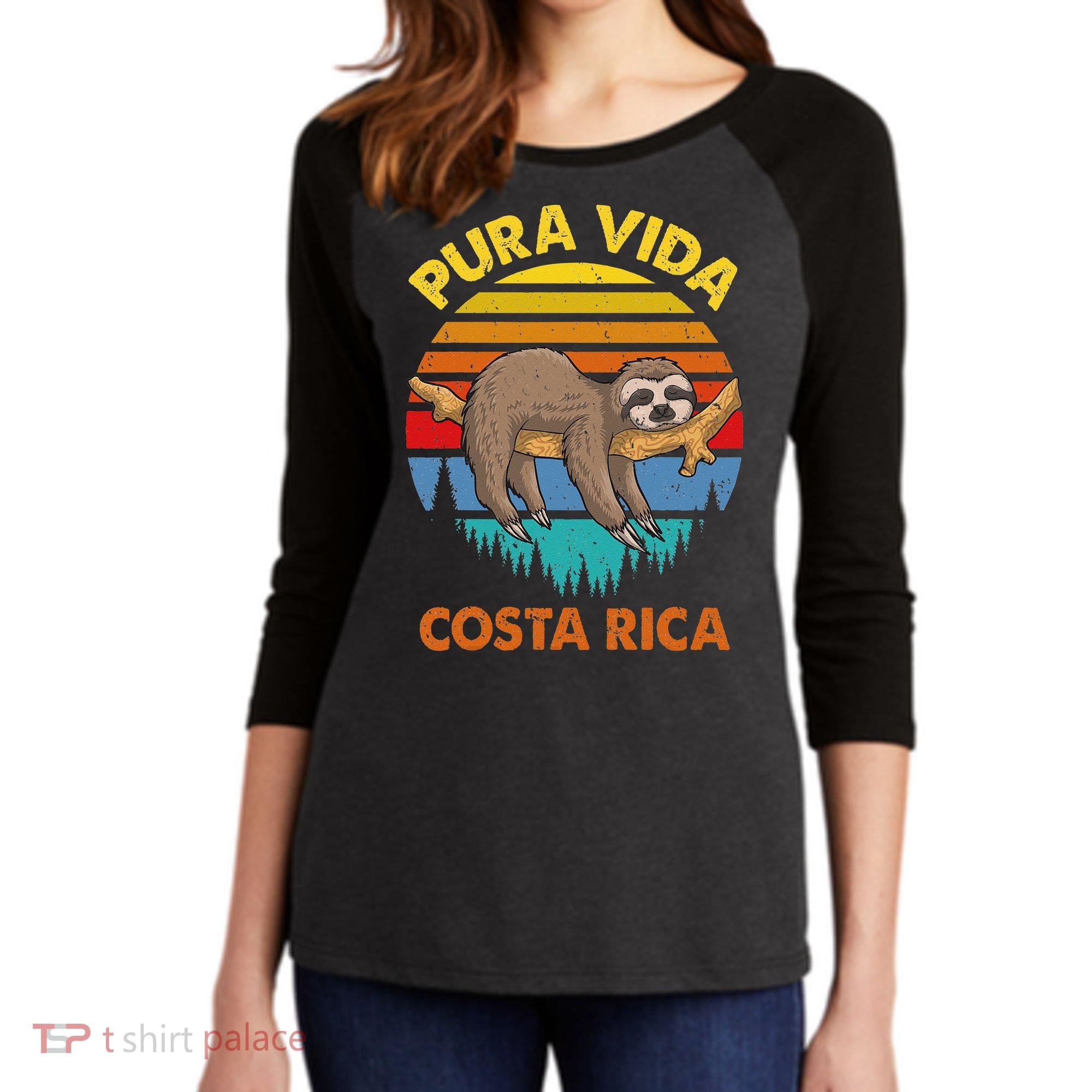 Costa Rica Pura Vida Sloth Women's Tri-Blend 3/4-Sleeve Raglan Shirt