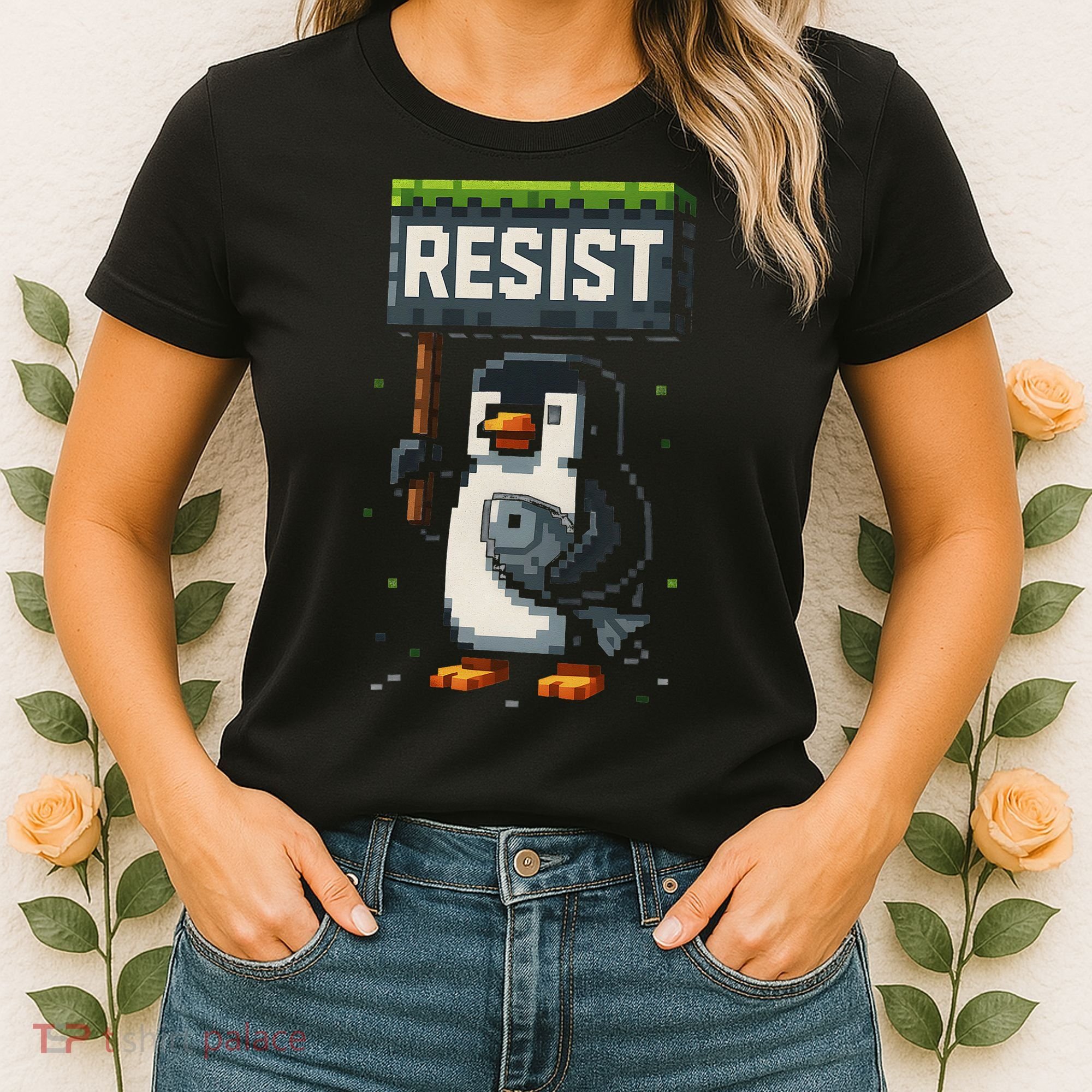Cool Resist Penguin Funny Pixel Art Gamer Women's T-Shirt