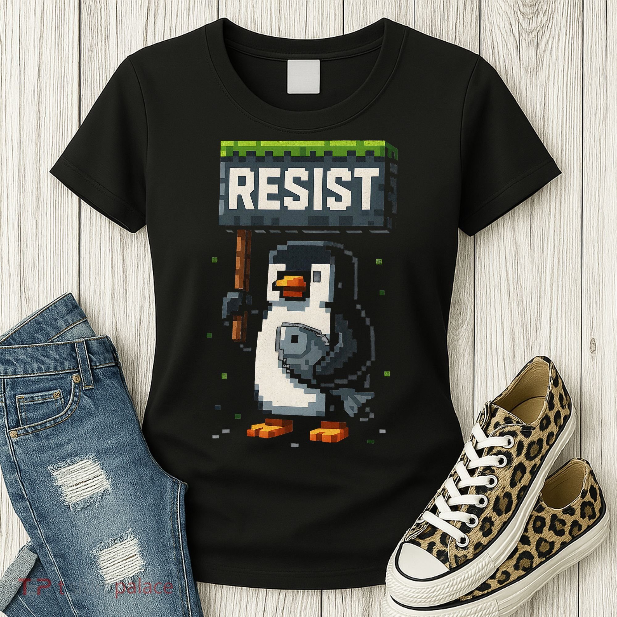 Cool Resist Penguin Funny Pixel Art Gamer Women's T-Shirt