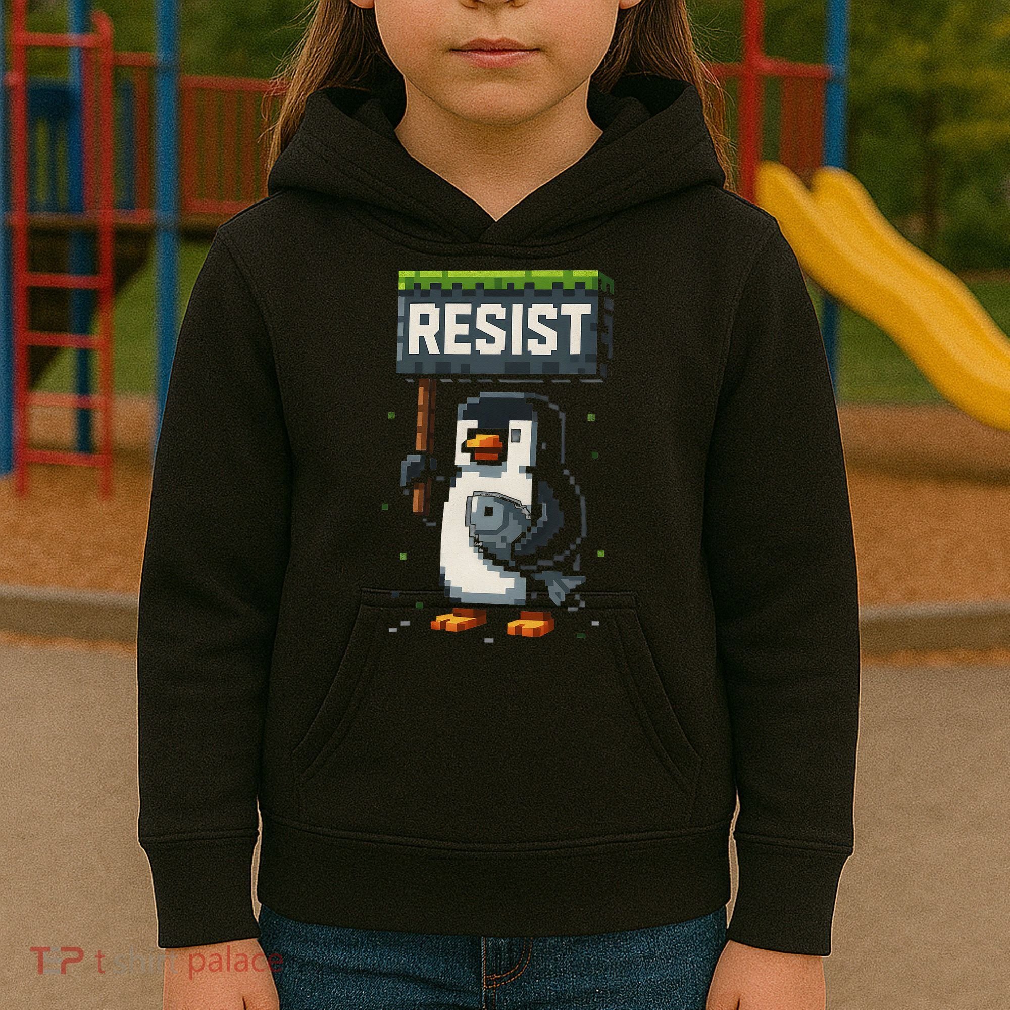 Cool Resist Penguin Funny Pixel Art Gamer Kids Hoodie