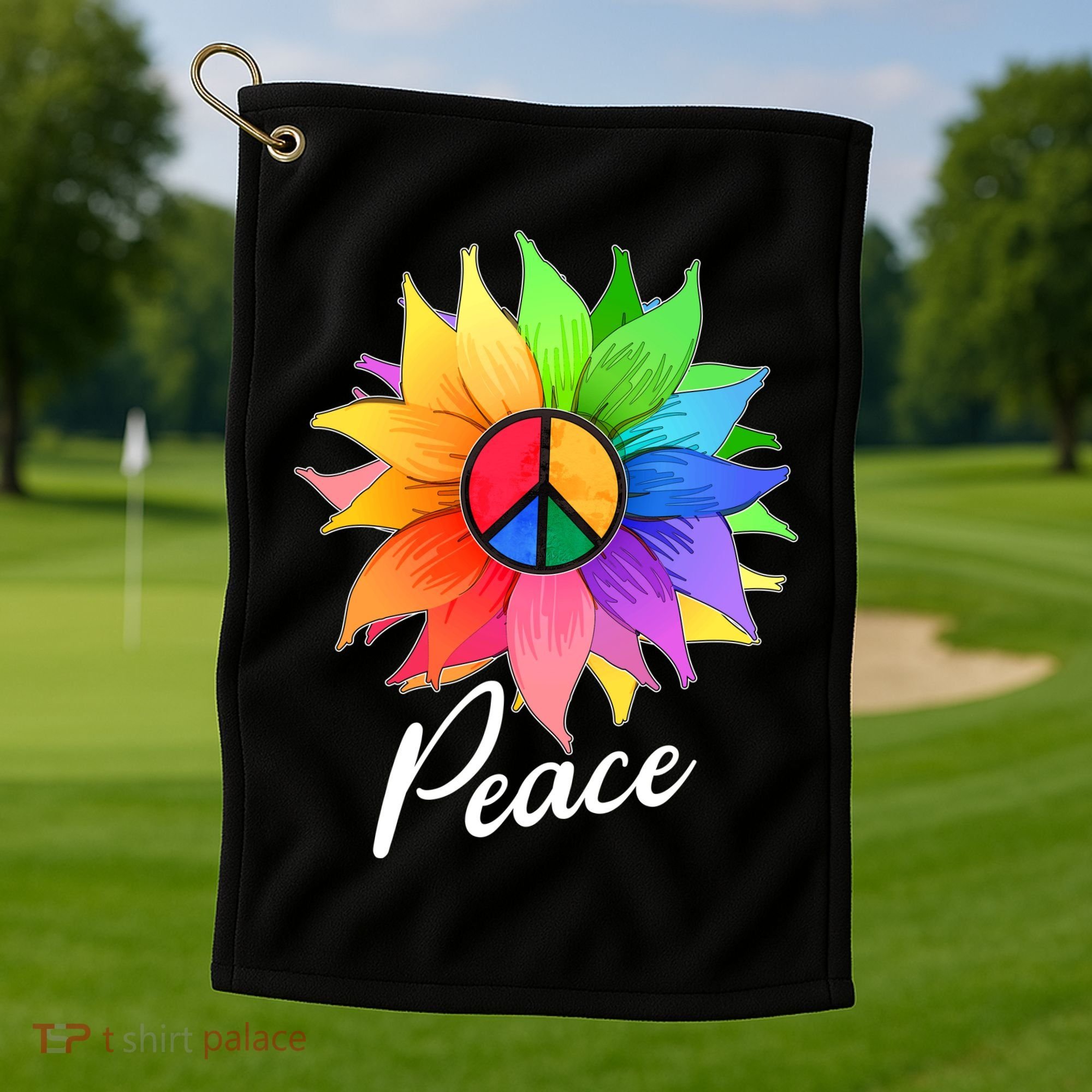 Cute Rainbow Peace Symbol Flower Golf Towel