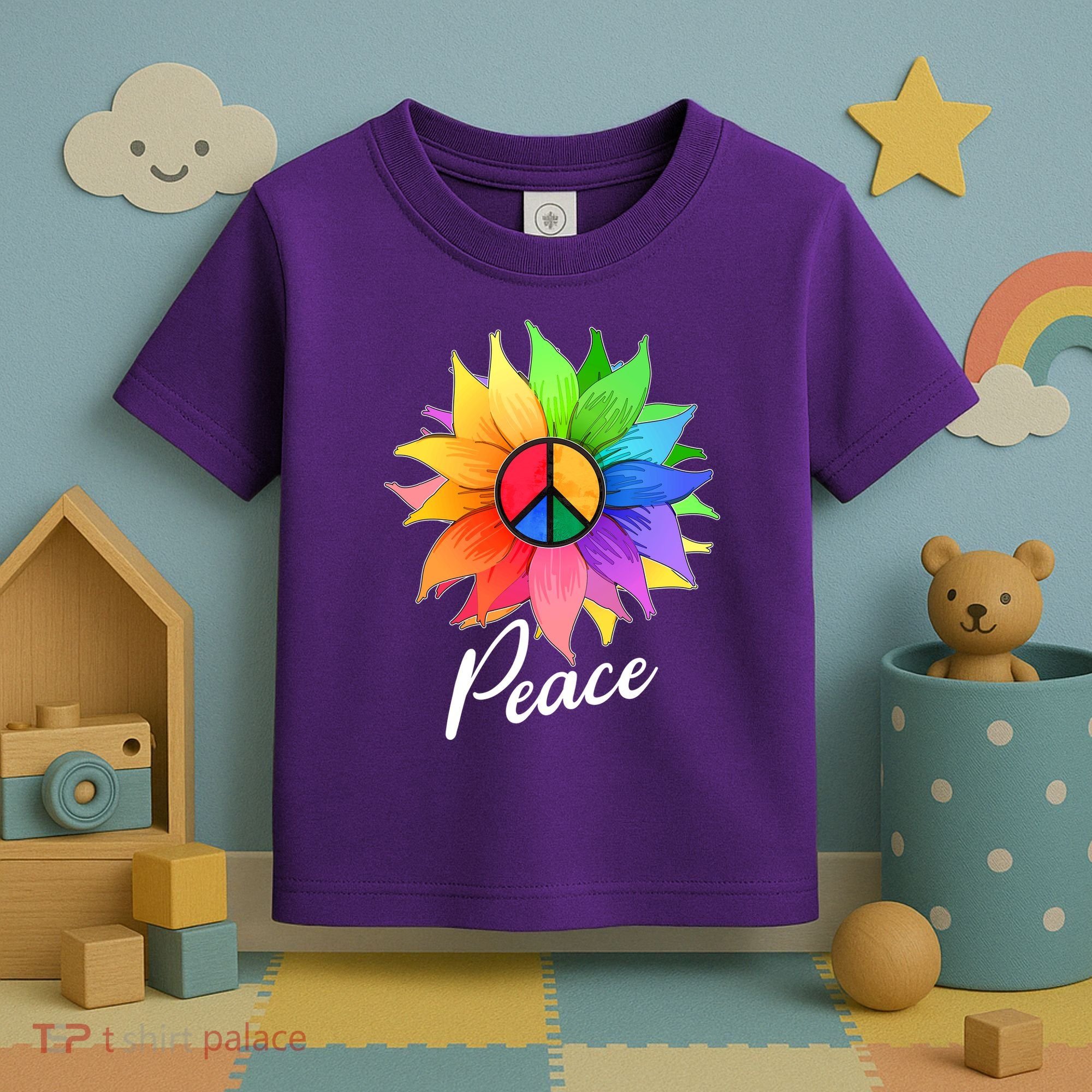 Cute Rainbow Peace Symbol Flower Toddler T-Shirt
