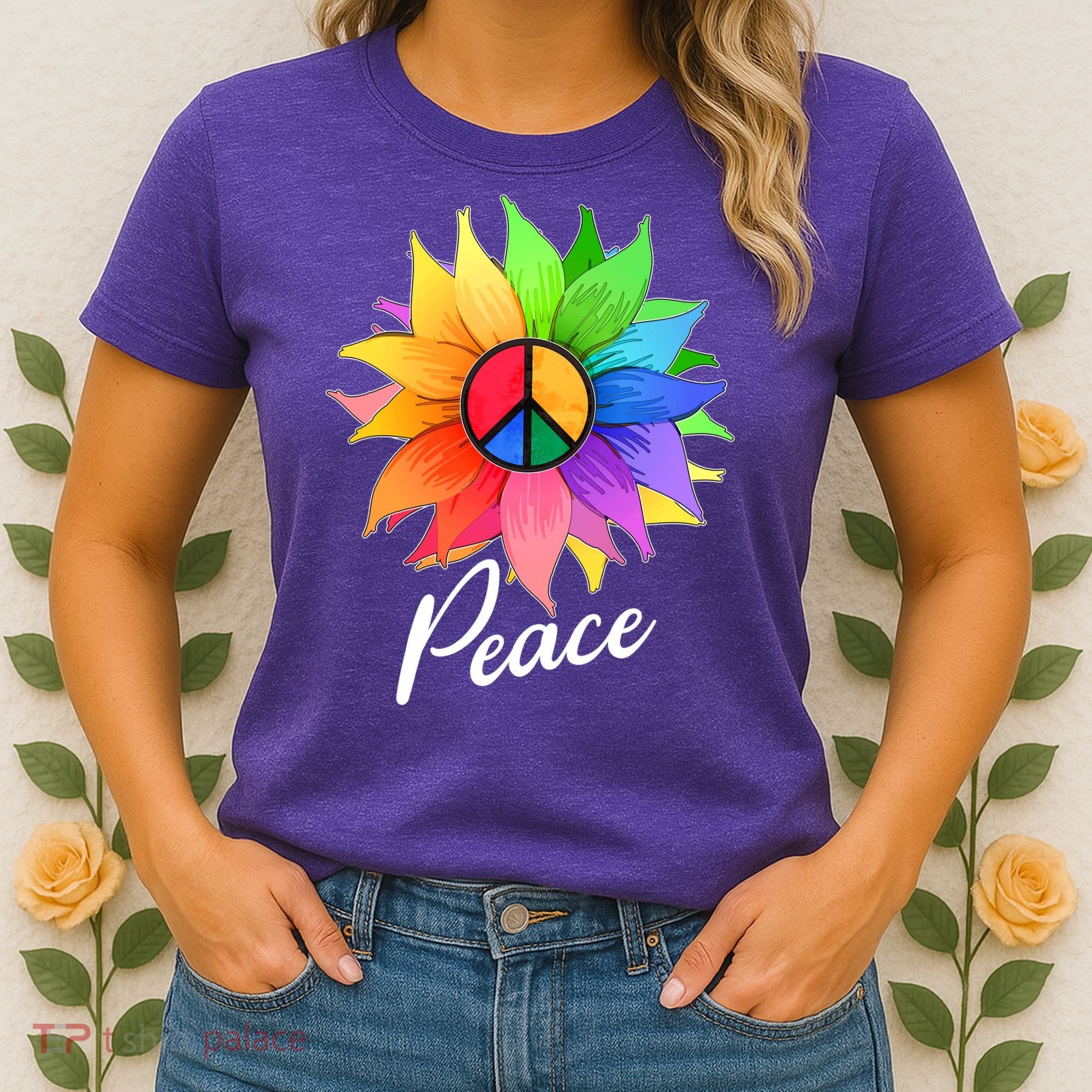 Cute Rainbow Peace Symbol Flower Women's T-Shirt