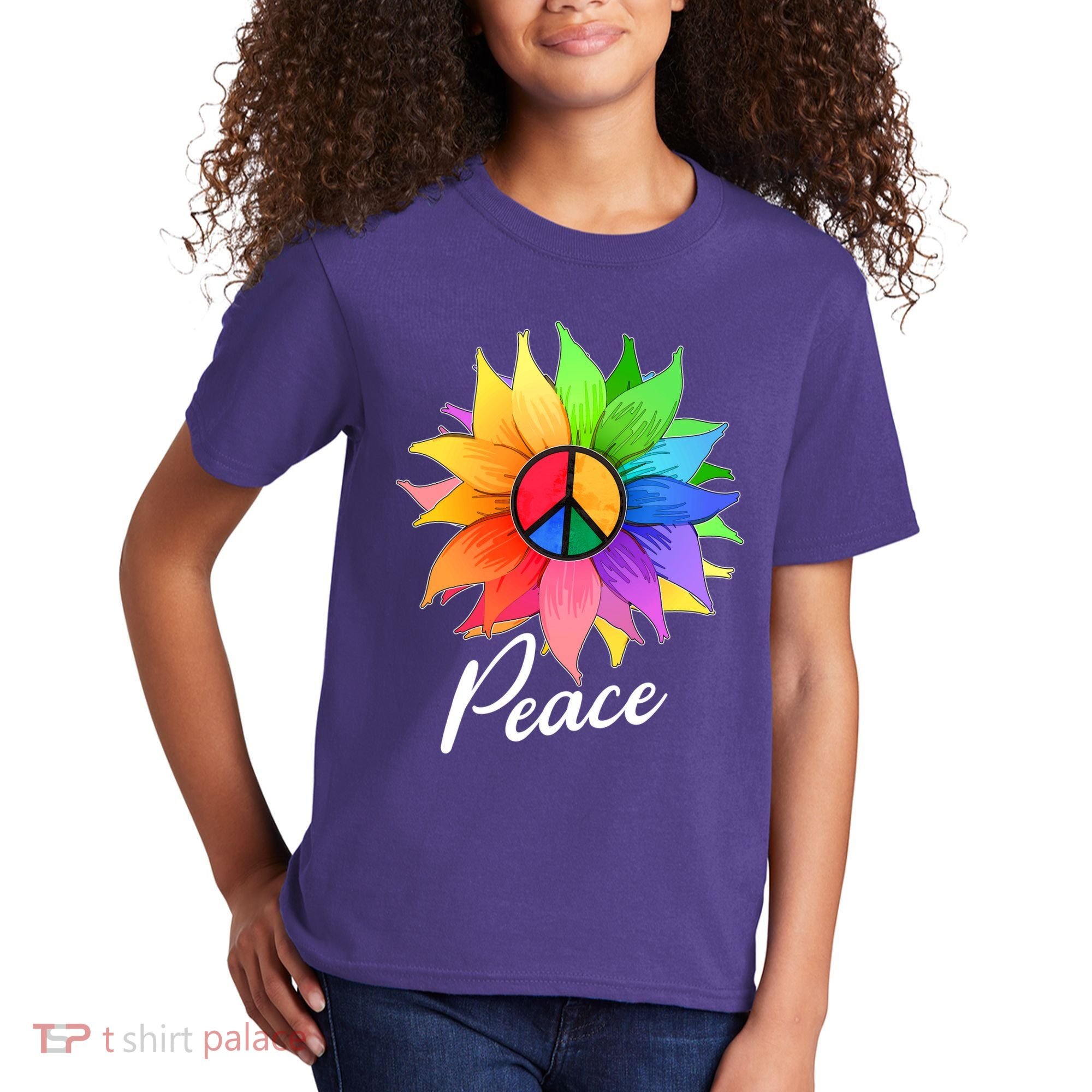 Cute Rainbow Peace Symbol Flower Kids T-Shirt